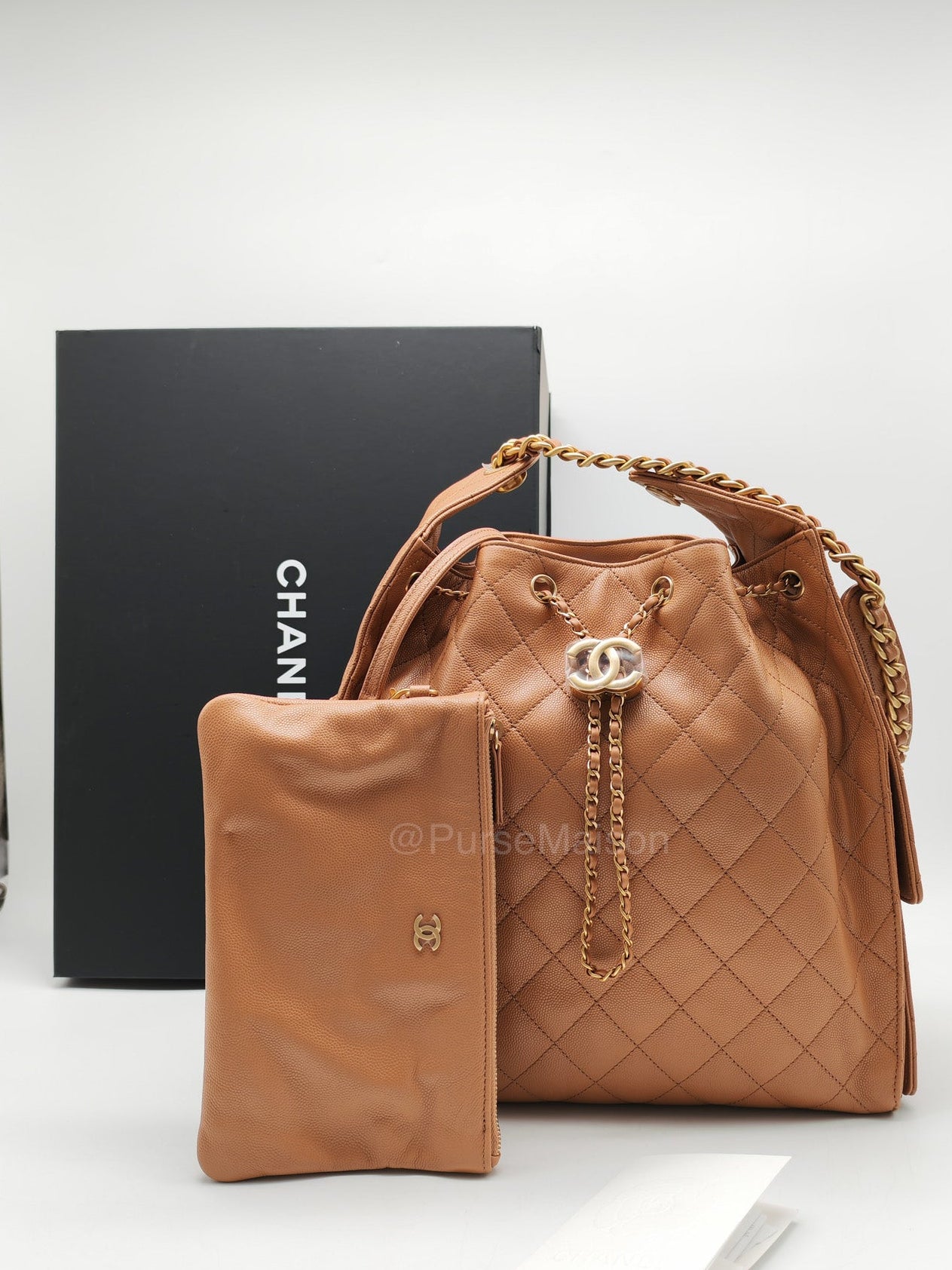 Chanel 25 Medium in Caramel Caviar Leather Aged Gold Hardware (Microchip)
