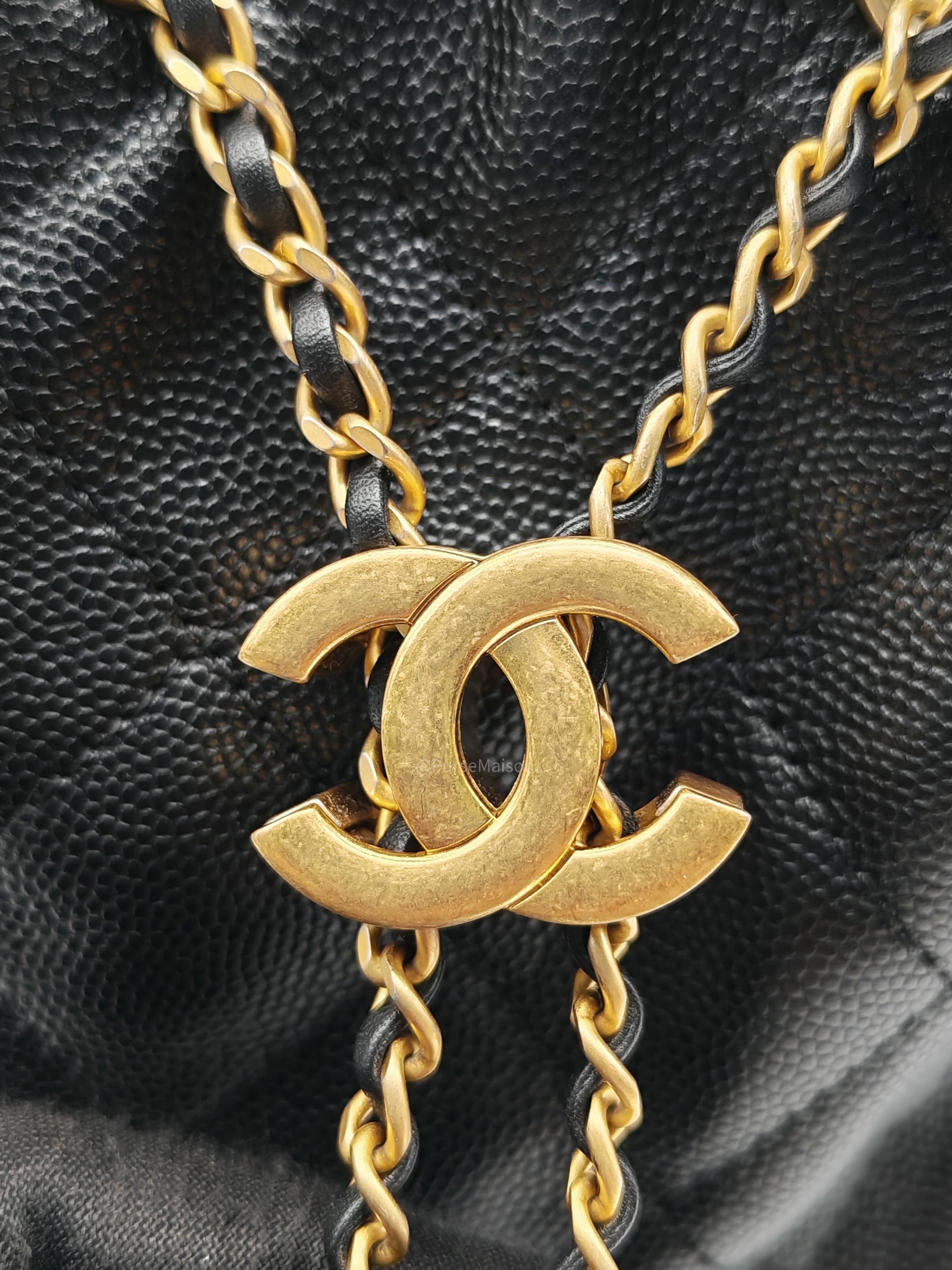 Chanel 25 Hobo Bag Small in Black Caviar Leather Aged Gold Hardware (Microchip)