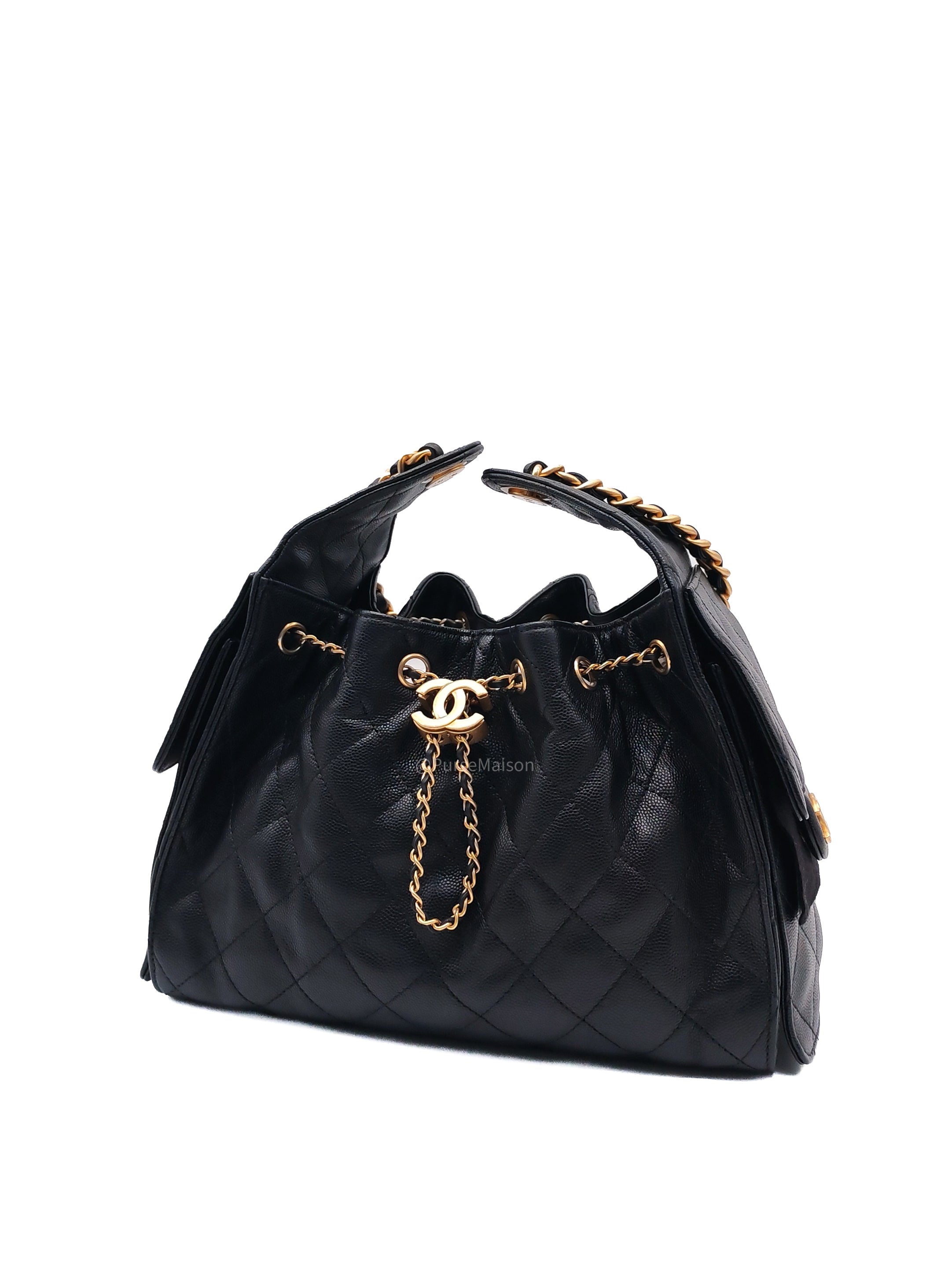 Chanel 25 Hobo Bag Small in Black Caviar Leather Aged Gold Hardware (Microchip)