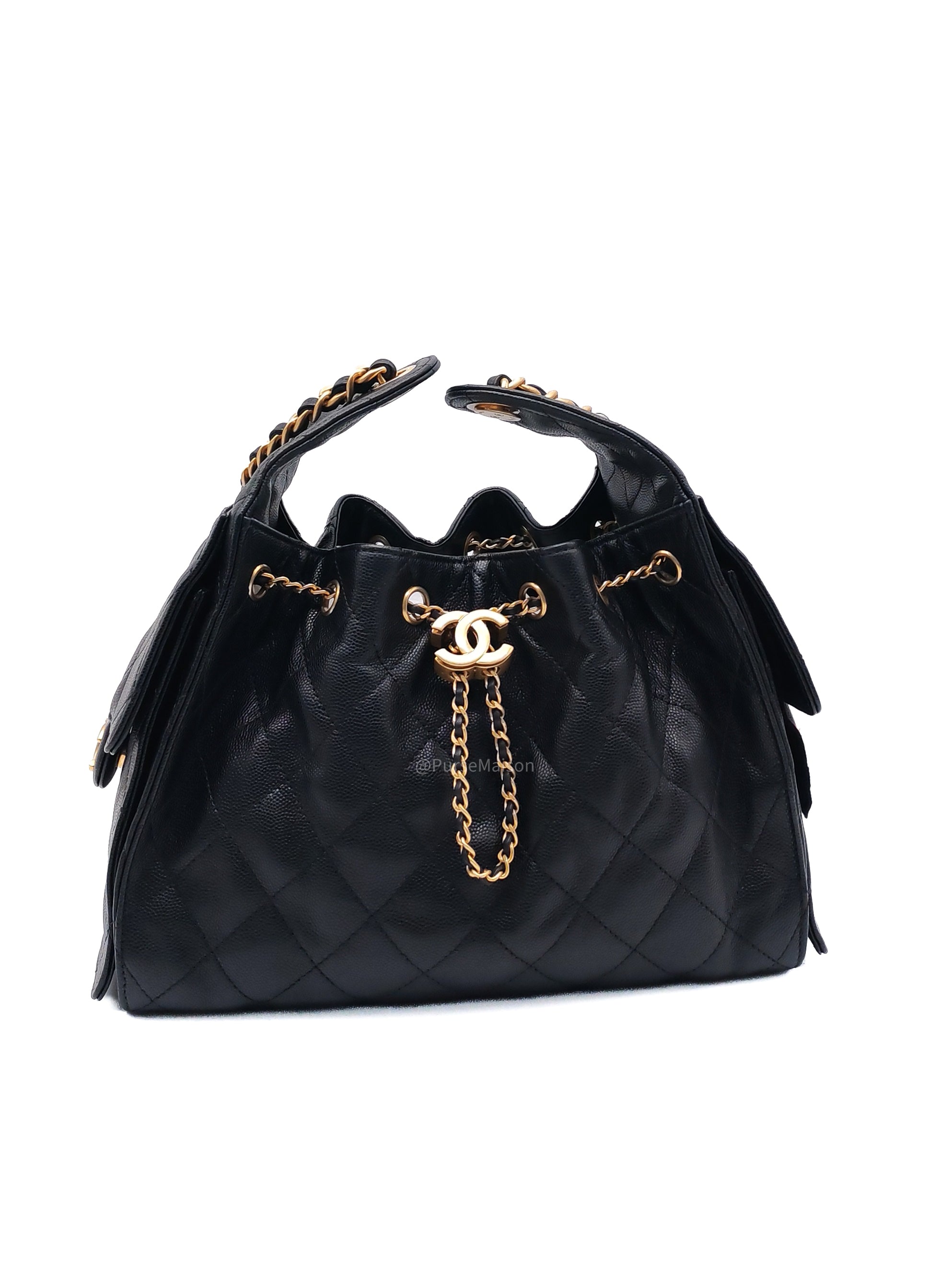 Chanel 25 Hobo Bag Small in Black Caviar Leather Aged Gold Hardware (Microchip)