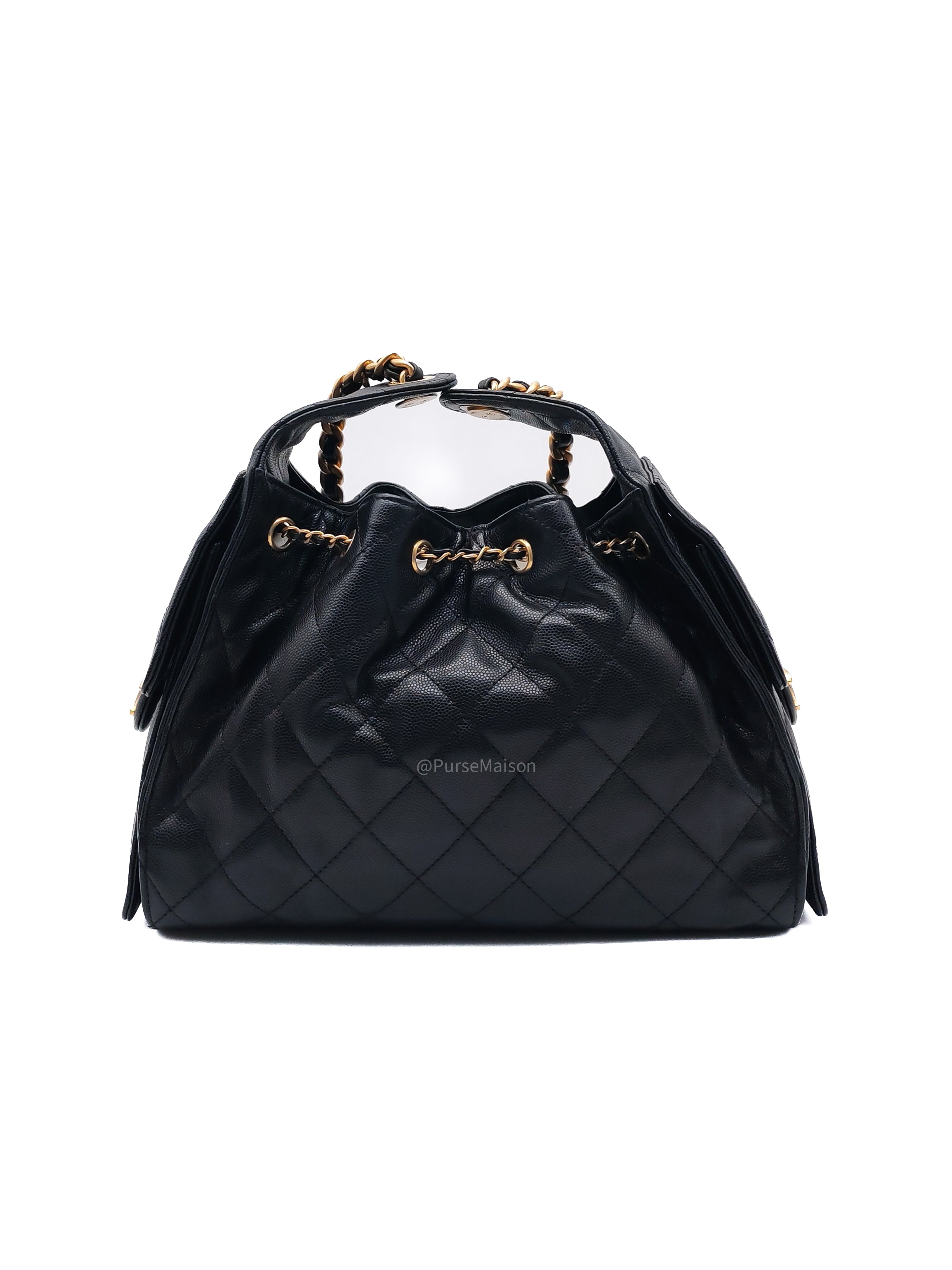 Chanel 25 Hobo Bag Small in Black Caviar Leather Aged Gold Hardware (Microchip)