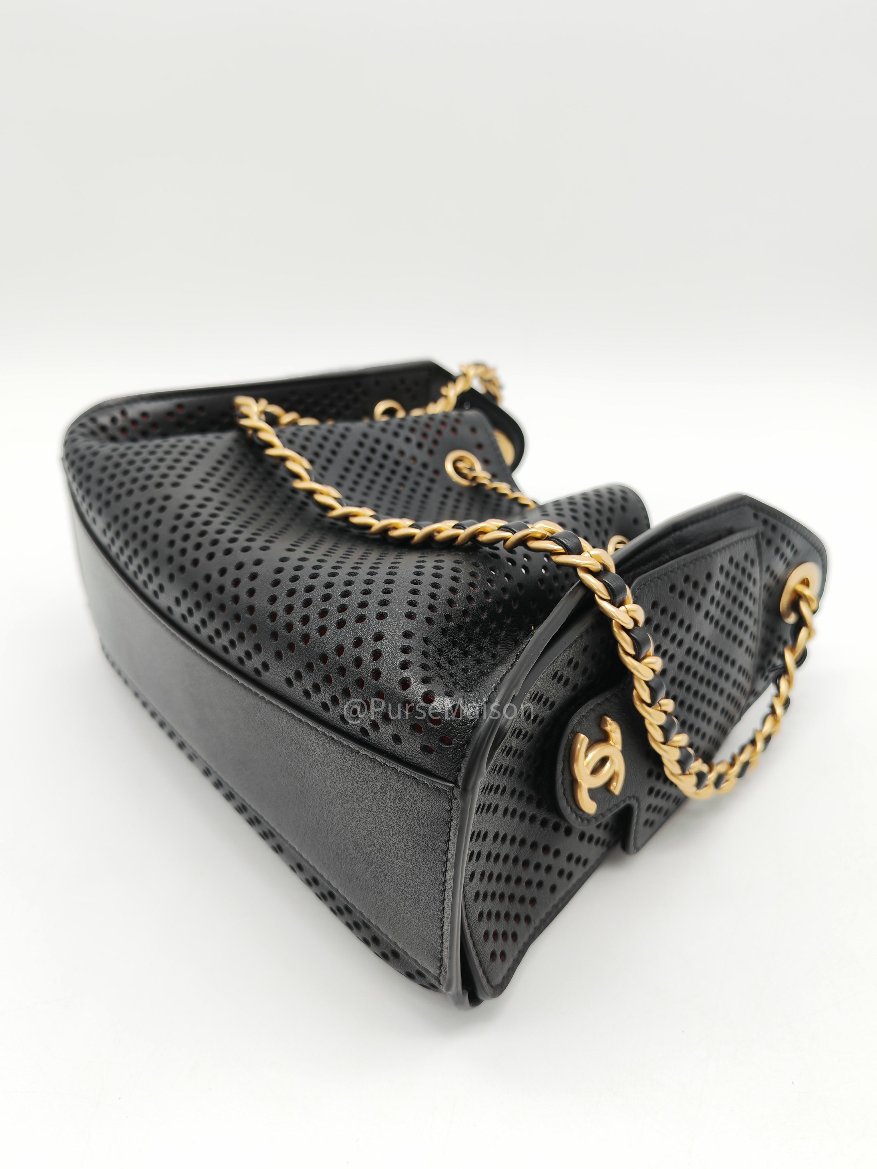 Chanel 25 Hobo Bag Mini in Black Perforated Calfskin Leather Aged Gold Hardware (Microchip)