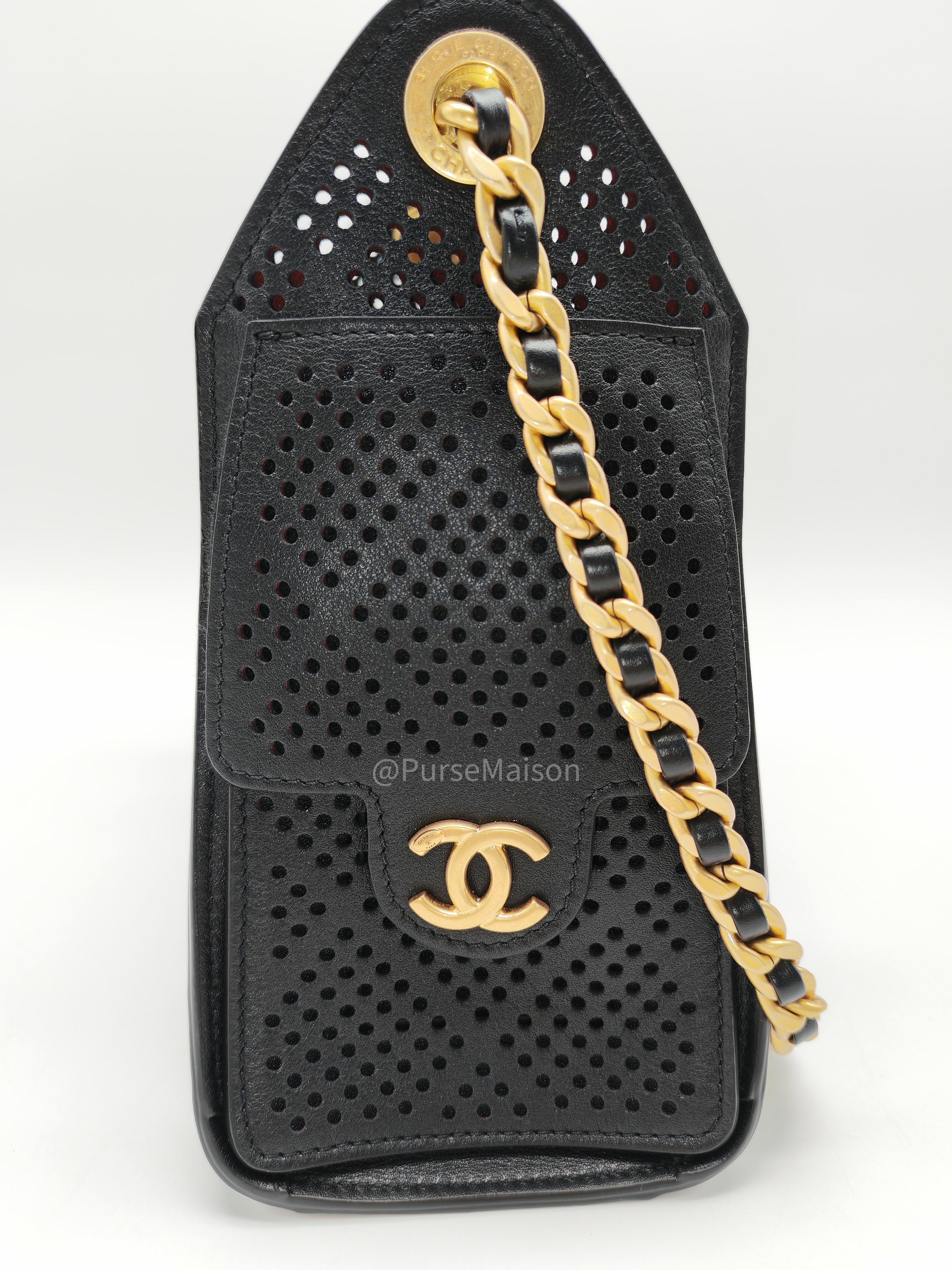 Chanel 25 Hobo Bag Mini in Black Perforated Calfskin Leather Aged Gold Hardware (Microchip)