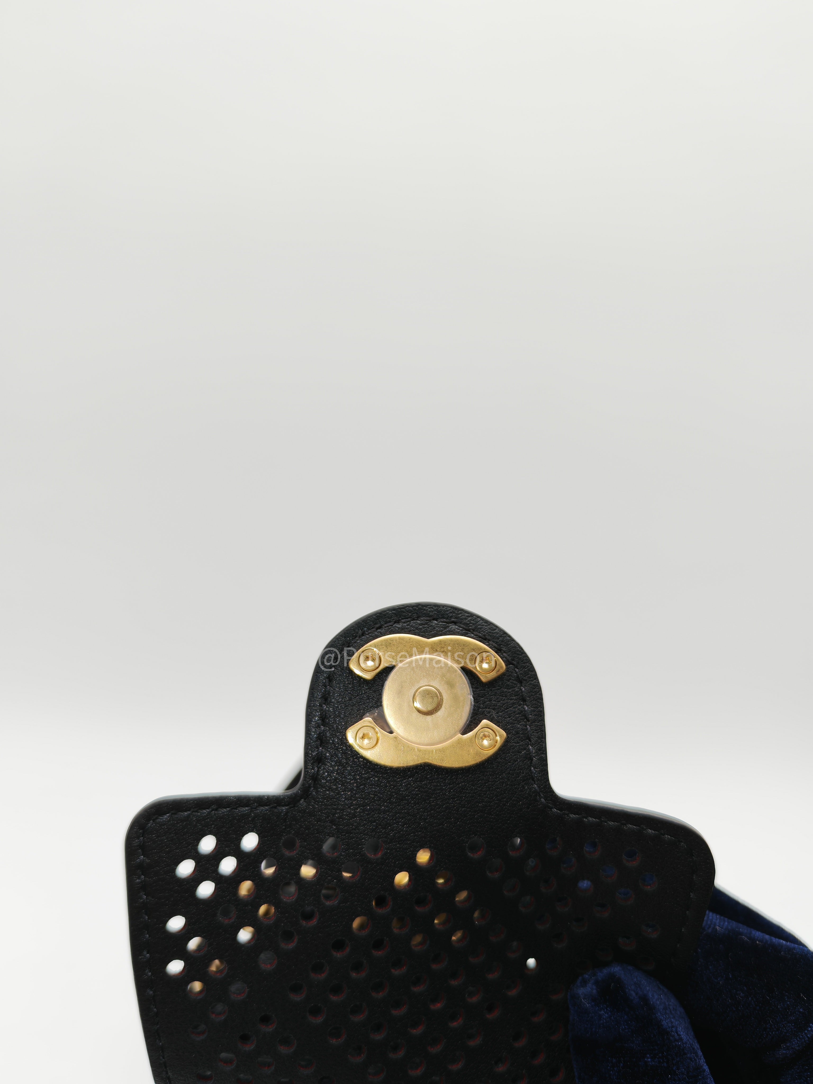 Chanel 25 Hobo Bag Mini in Black Perforated Calfskin Leather Aged Gold Hardware (Microchip)