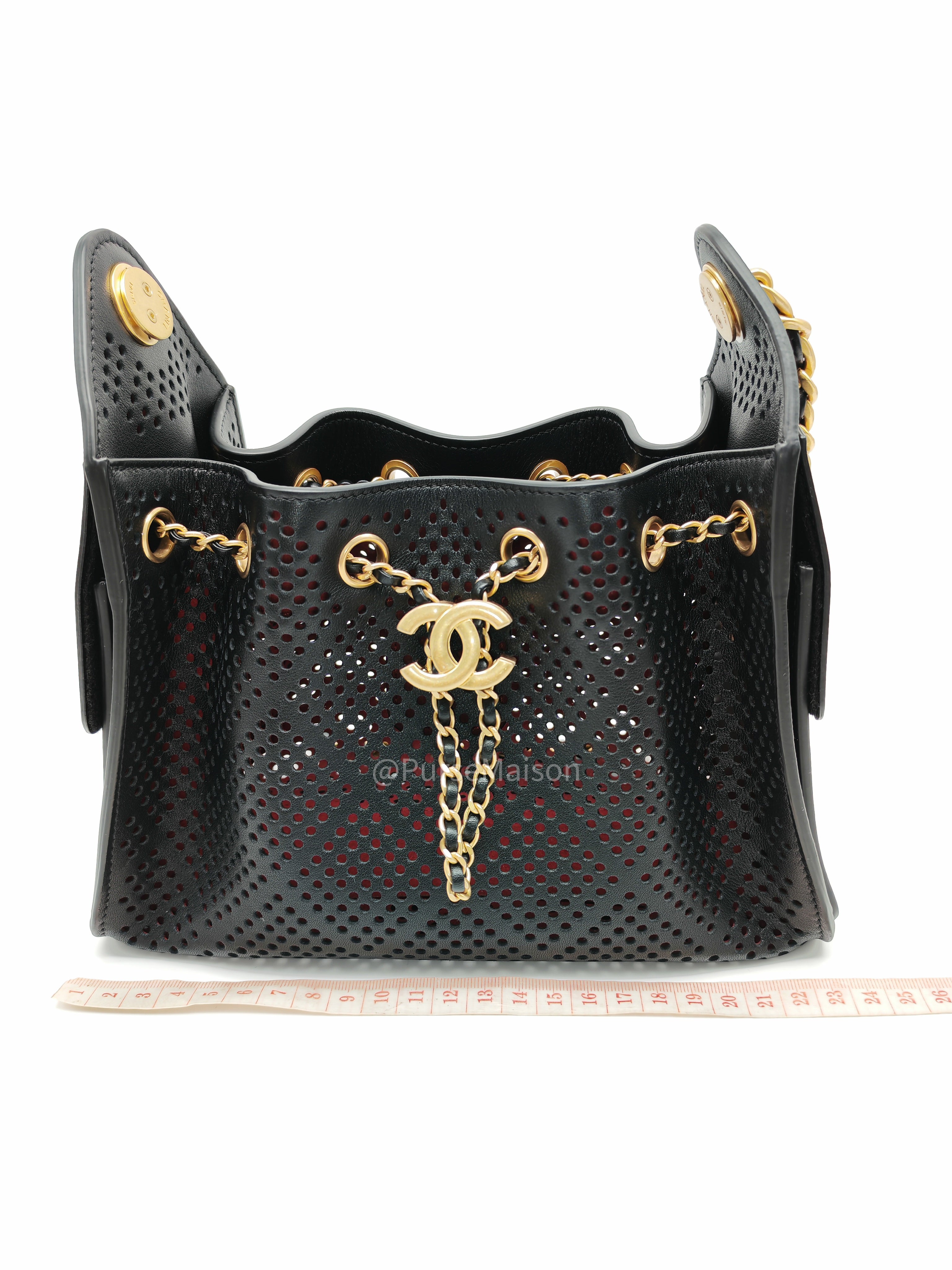 Chanel 25 Hobo Bag Mini in Black Perforated Calfskin Leather Aged Gold Hardware (Microchip)