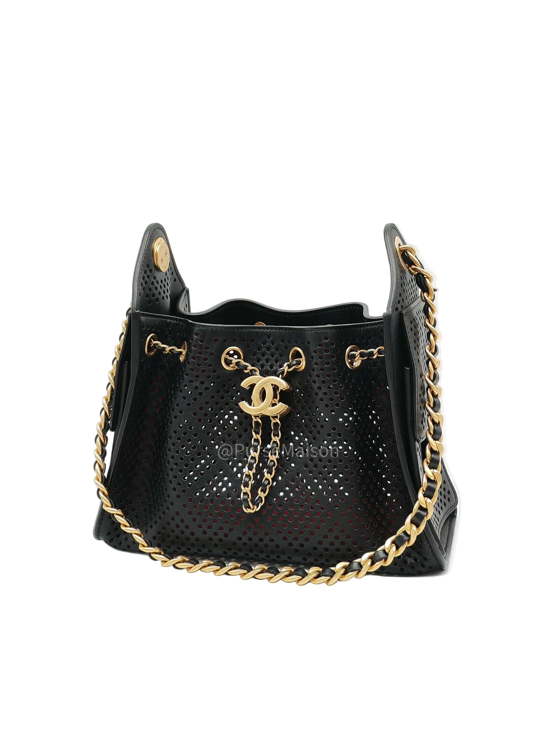 Chanel 25 Hobo Bag Mini in Black Perforated Calfskin Leather Aged Gold Hardware (Microchip)