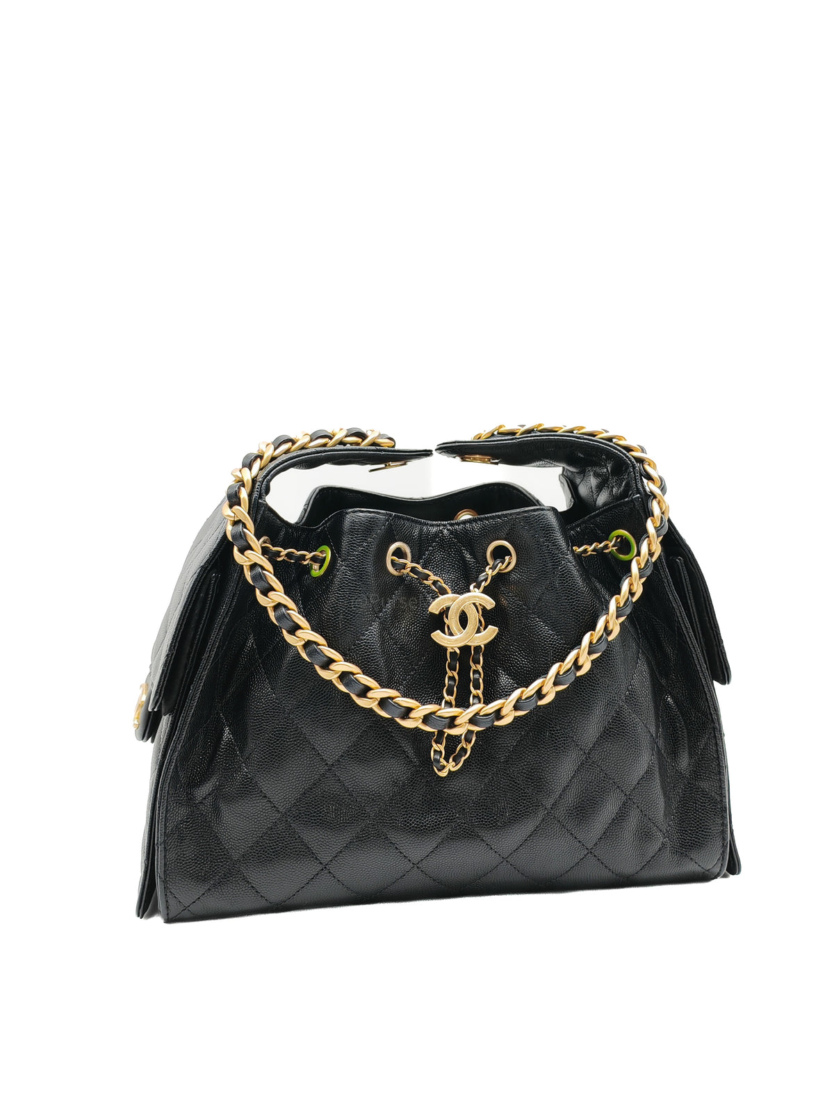 Chanel 25 Small Hobo Bag in Black Caviar Leather Aged Gold Hardware (Microchip)