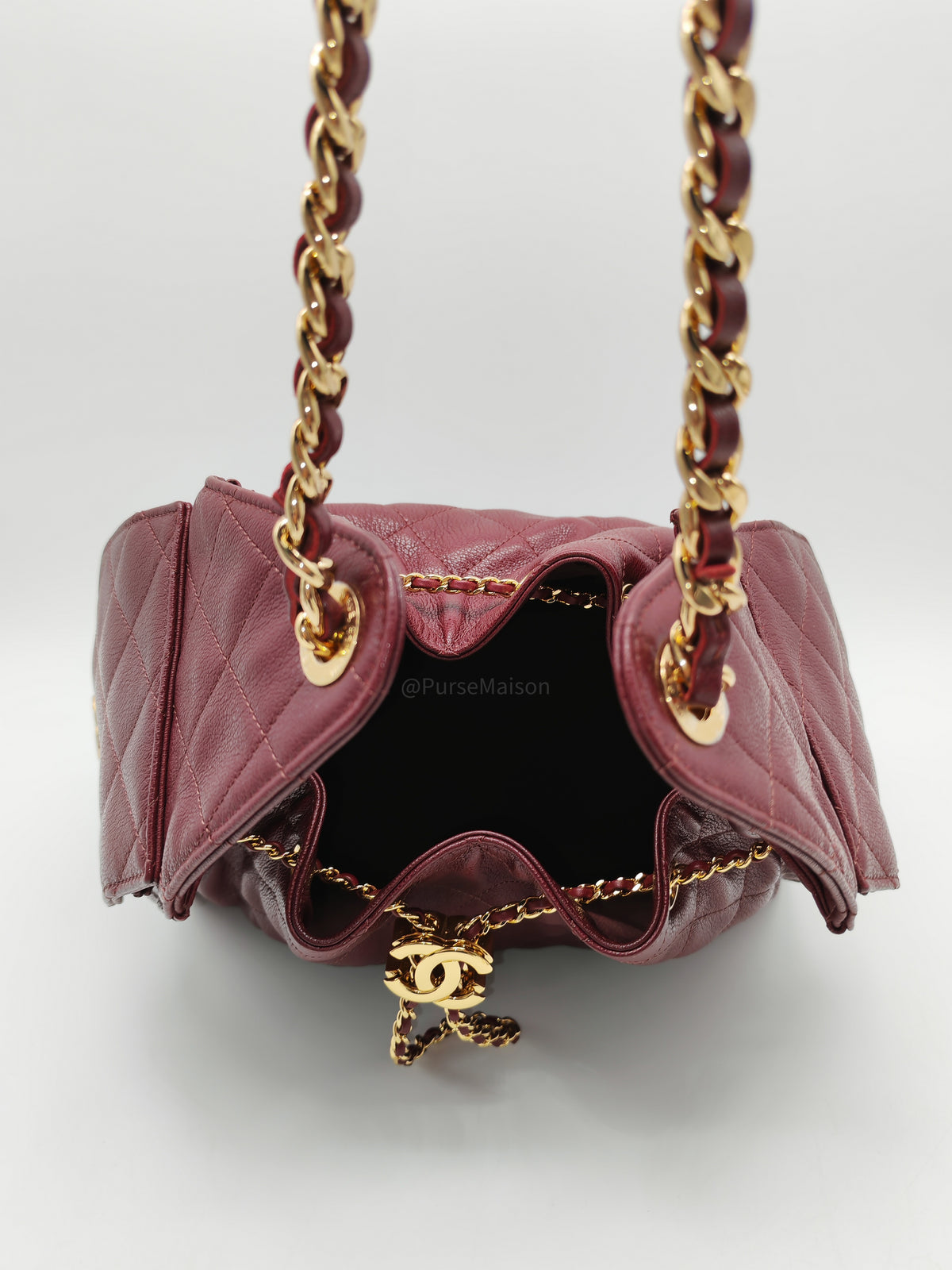 Chanel 25 Small in Burgundy Grained Calfskin Leather Shiny Gold Hardware (Microchip)