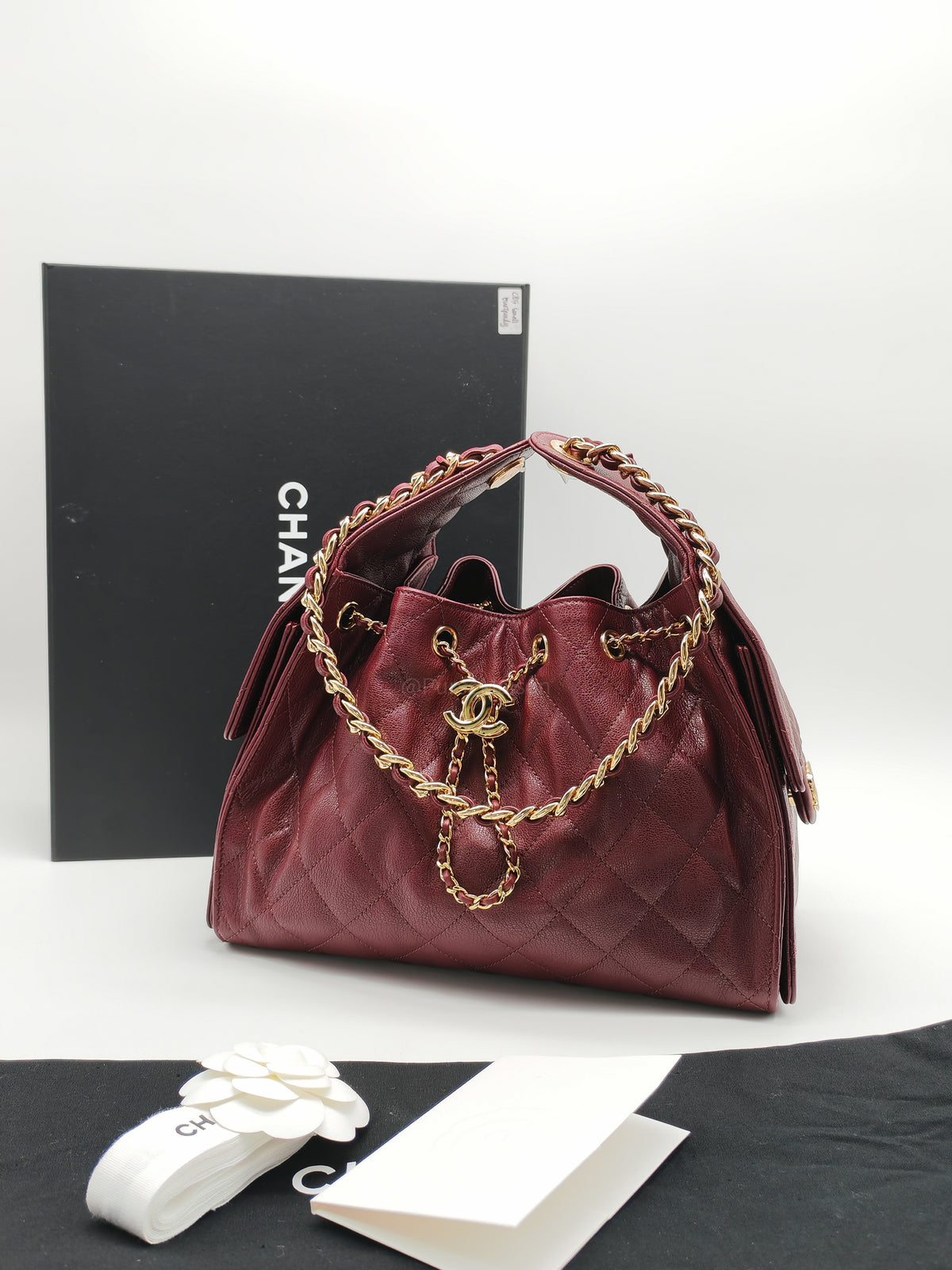 Chanel 25 Small in Burgundy Grained Calfskin Leather Shiny Gold Hardware (Microchip)