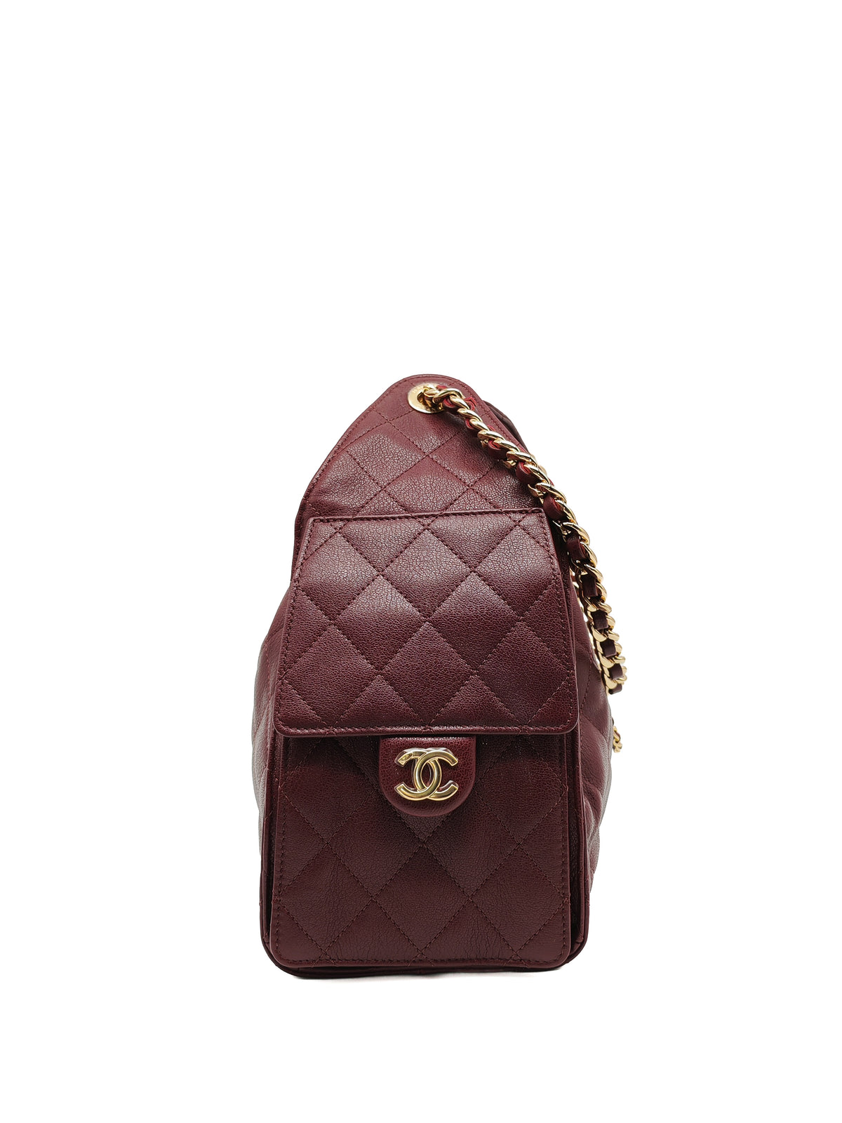 Chanel 25 Small in Burgundy Grained Calfskin Leather Shiny Gold Hardware (Microchip)