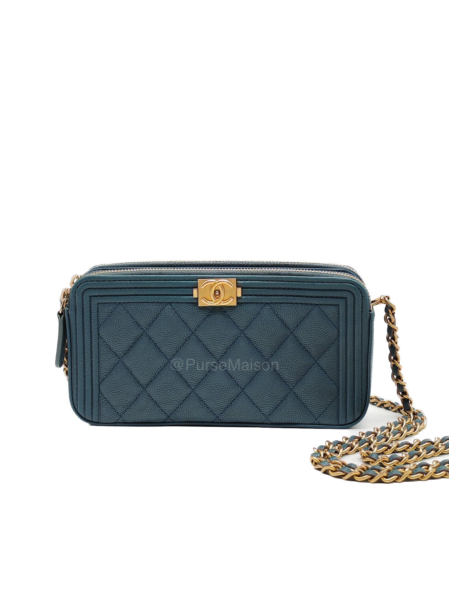 Chanel Boy Zipped Double Zip Around Wallet in Chain in Blue-gray Caviar Leather in Aged Gold Hardware (Series 25)