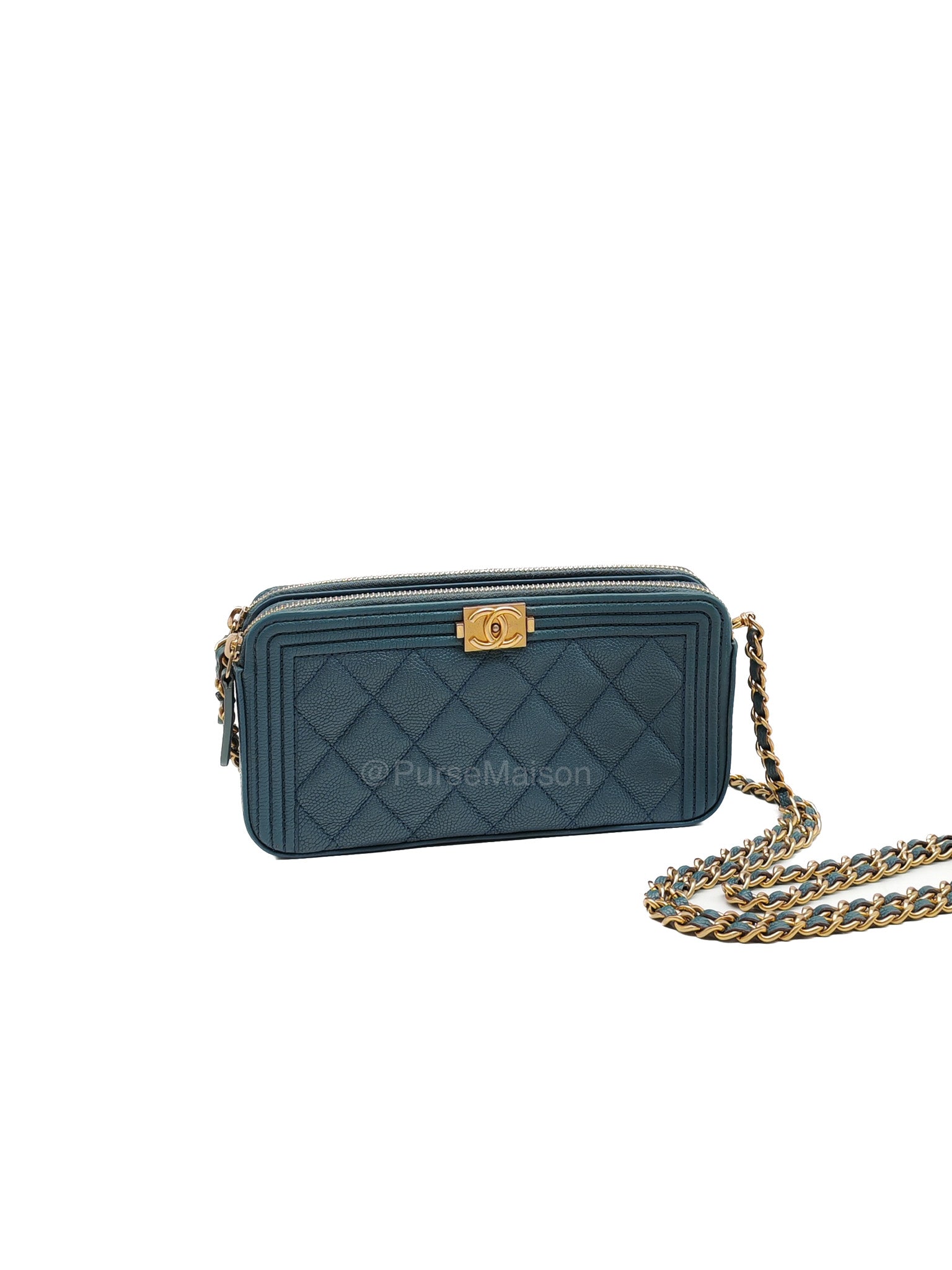Chanel Boy Zipped Double Zip Around Wallet in Chain in Blue-gray Caviar Leather in Aged Gold Hardware (Series 25)