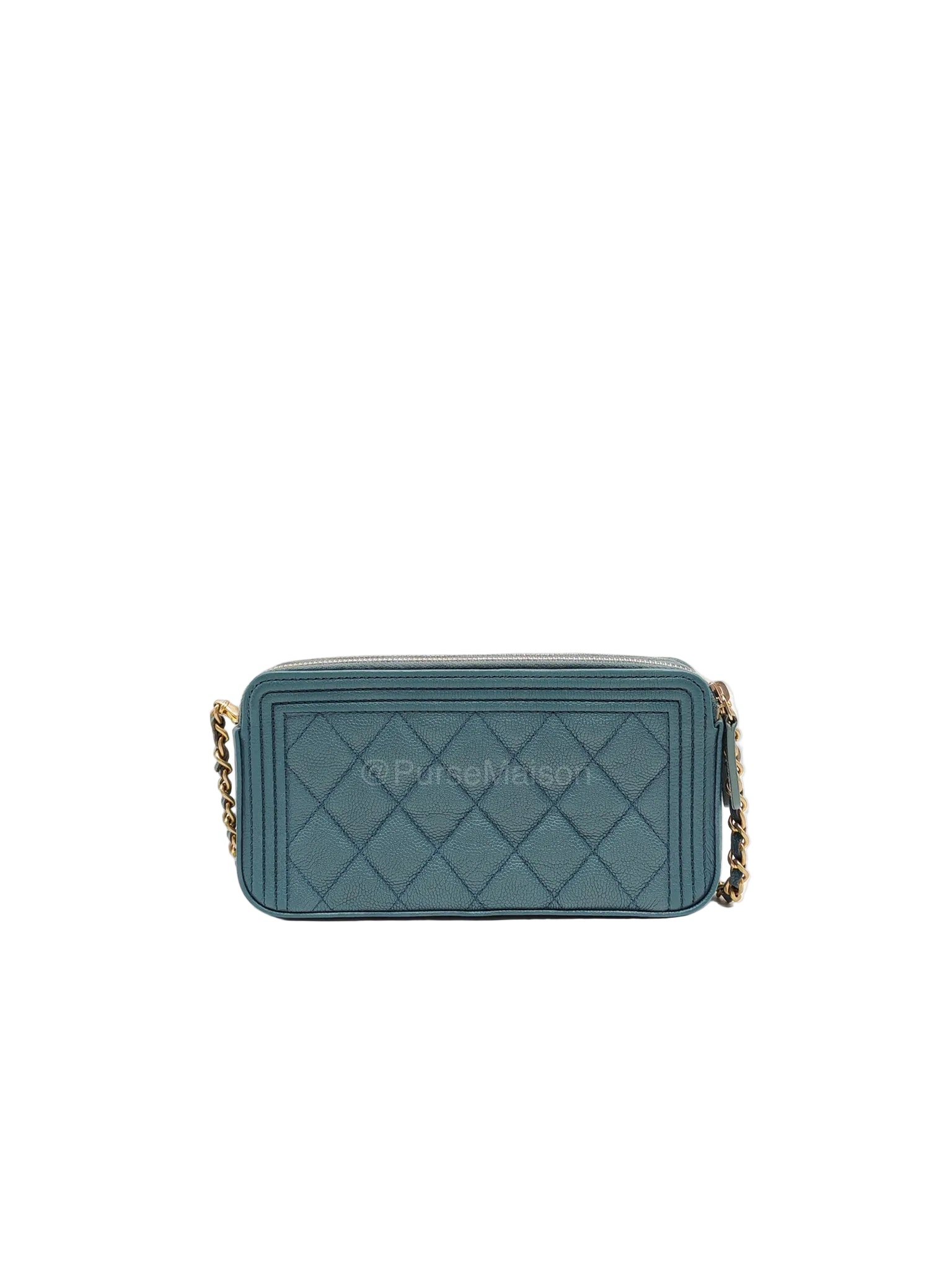 Chanel Boy Zipped Double Zip Around Wallet in Chain in Blue-gray Caviar Leather in Aged Gold Hardware (Series 25)