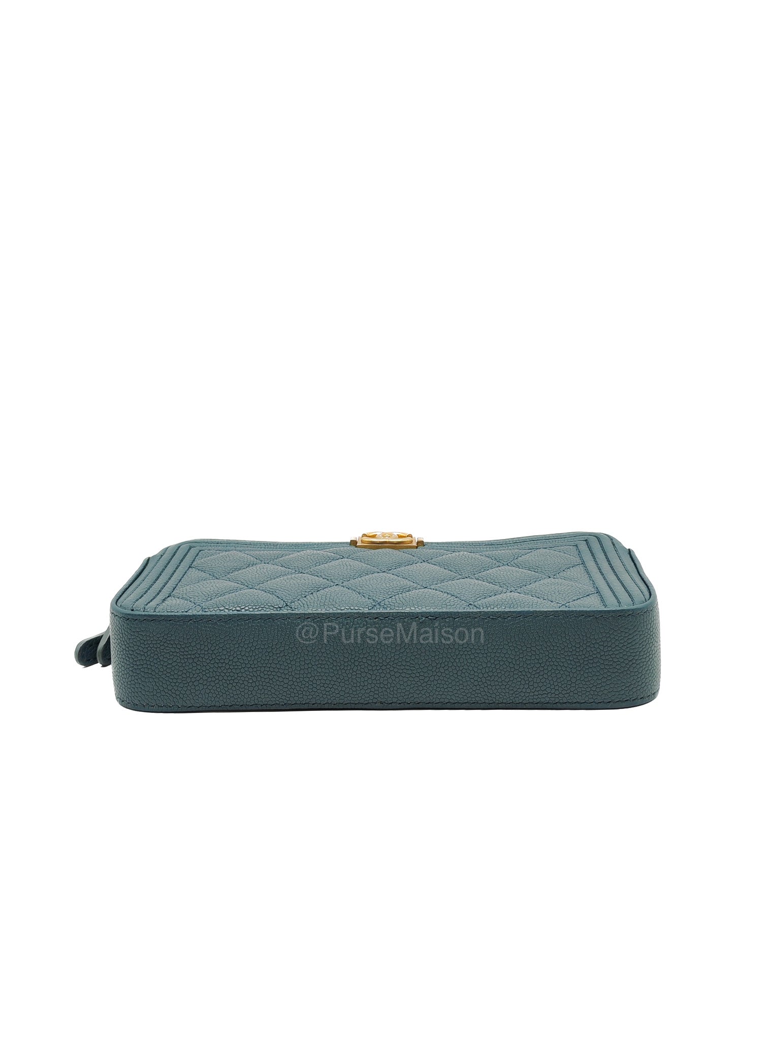 Chanel Boy Zipped Double Zip Around Wallet in Chain in Blue-gray Caviar Leather in Aged Gold Hardware (Series 25)