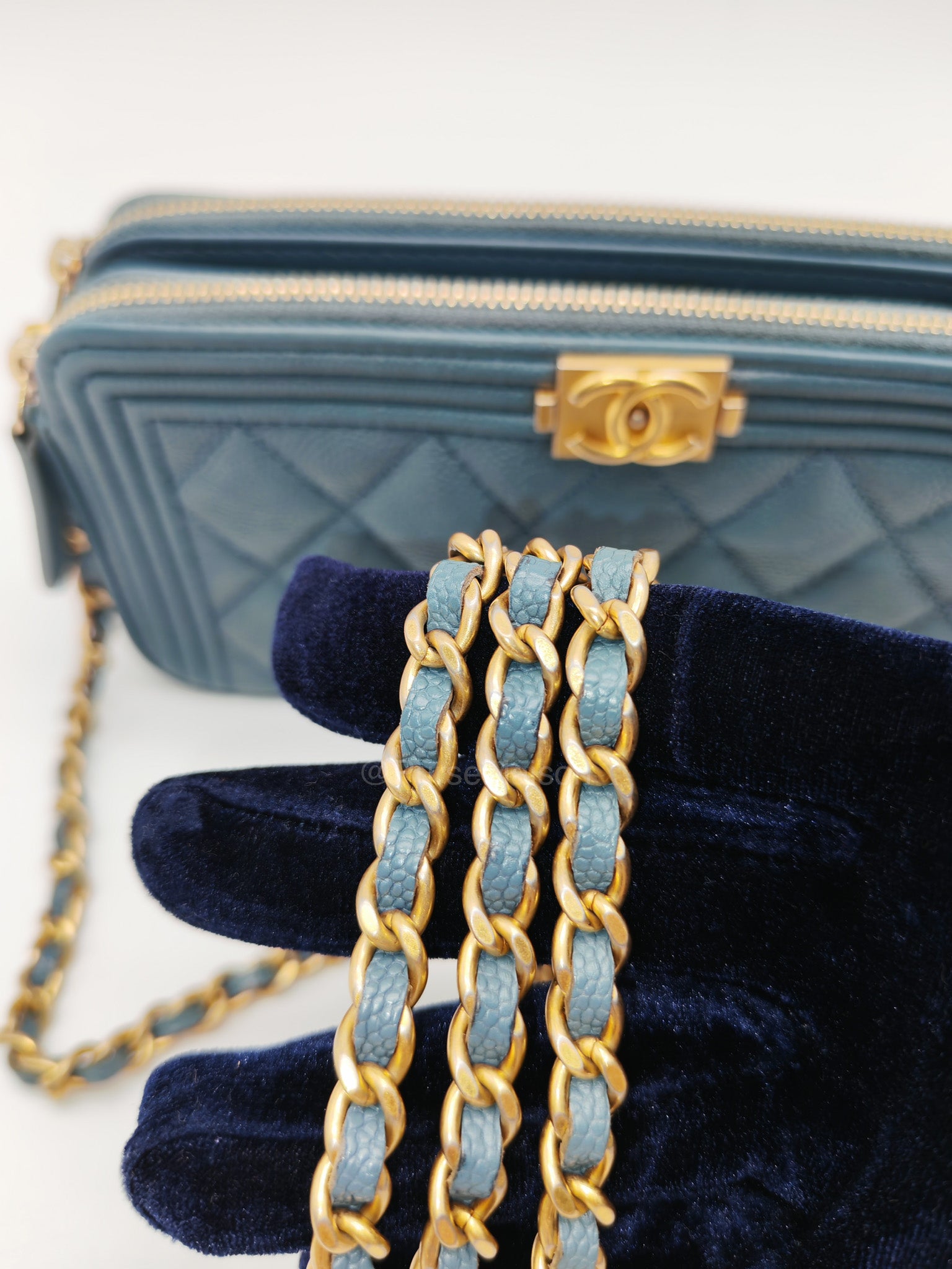 Chanel Boy Zipped Double Zip Around Wallet in Chain in Blue-gray Caviar Leather in Aged Gold Hardware (Series 25)