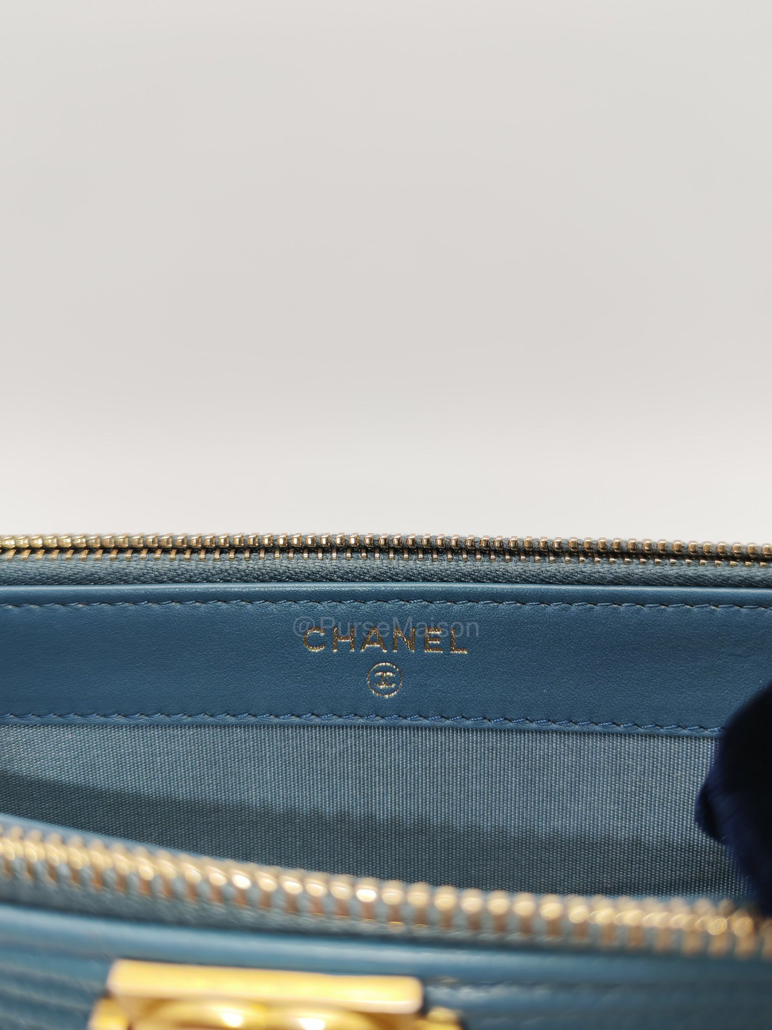 Chanel Boy Zipped Double Zip Around Wallet in Chain in Blue-gray Caviar Leather in Aged Gold Hardware (Series 25)