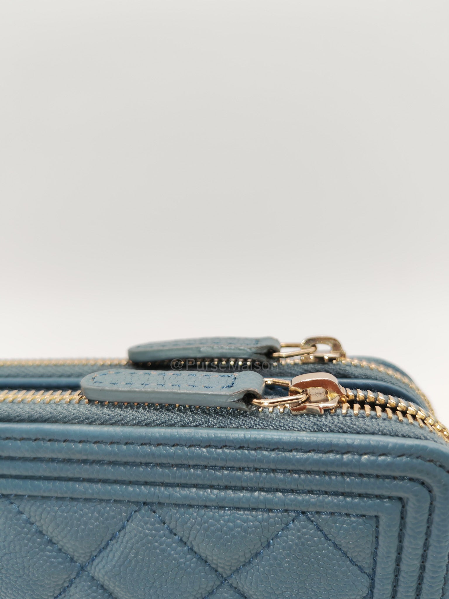 Chanel Boy Zipped Double Zip Around Wallet in Chain in Blue-gray Caviar Leather in Aged Gold Hardware (Series 25)