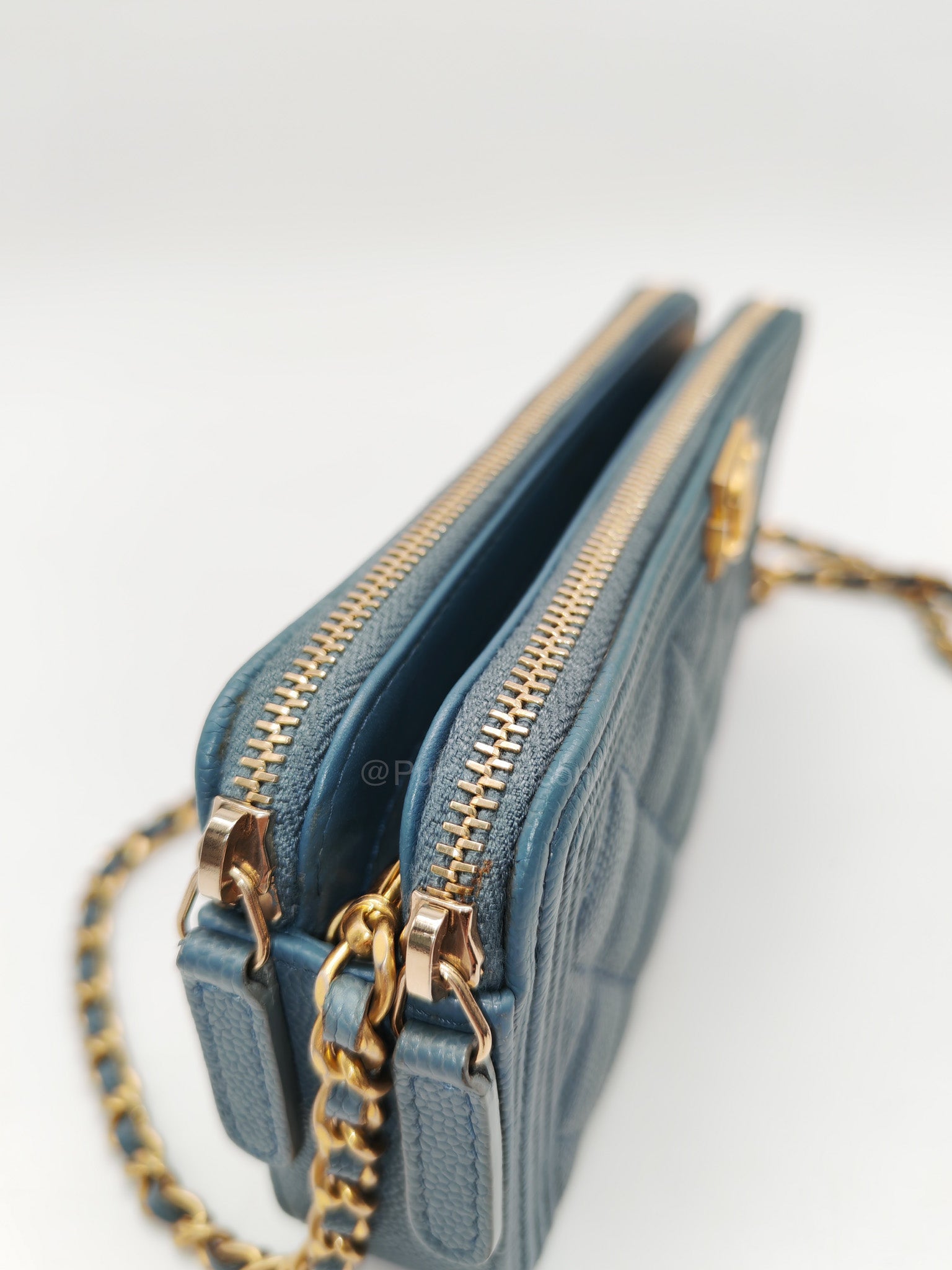Chanel Boy Zipped Double Zip Around Wallet in Chain in Blue-gray Caviar Leather in Aged Gold Hardware (Series 25)