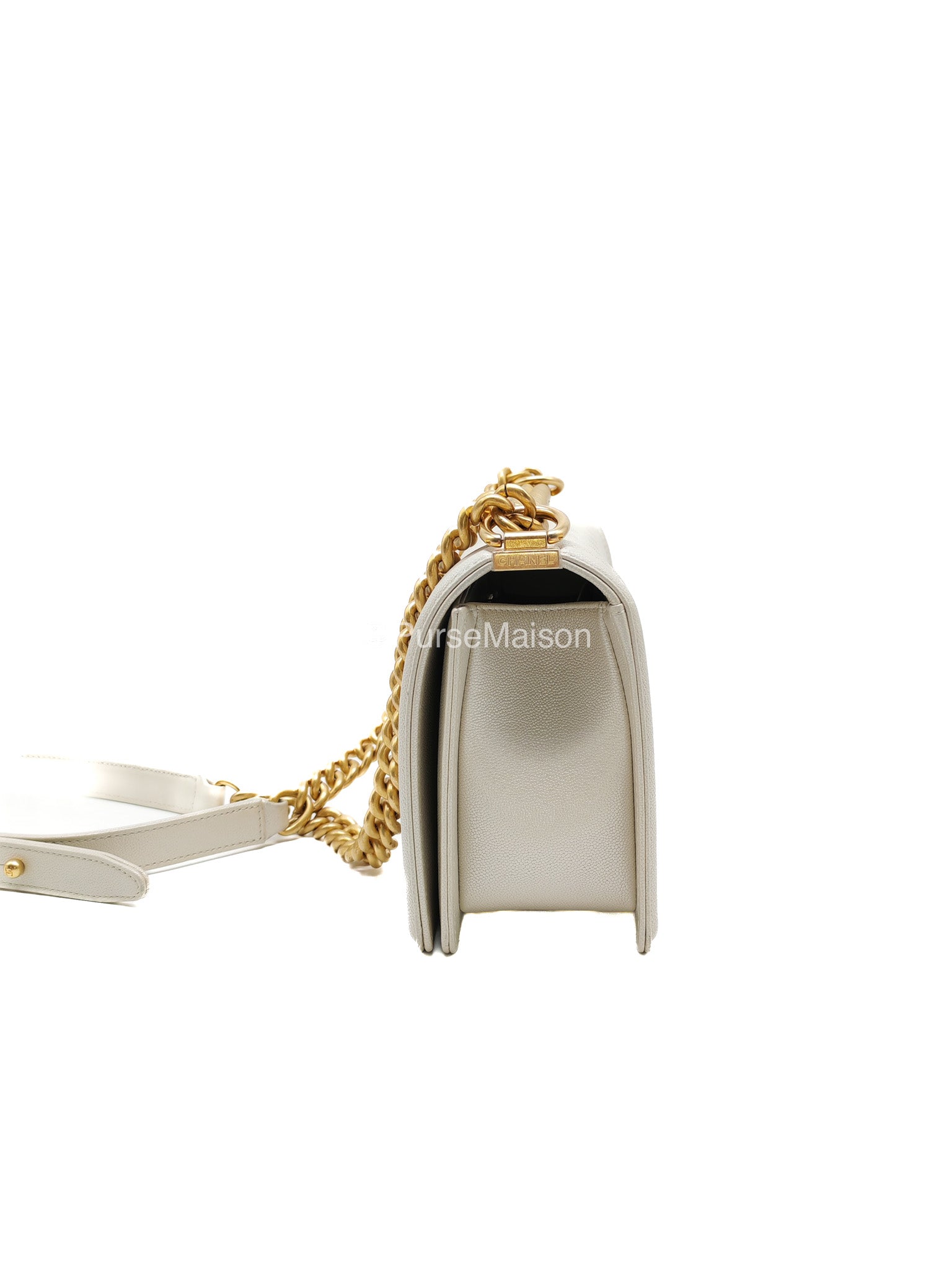 Chanel Boy Old Medium in Off-White Iridescent Quilted Caviar Leather and Aged Gold Hardware (Microchip)