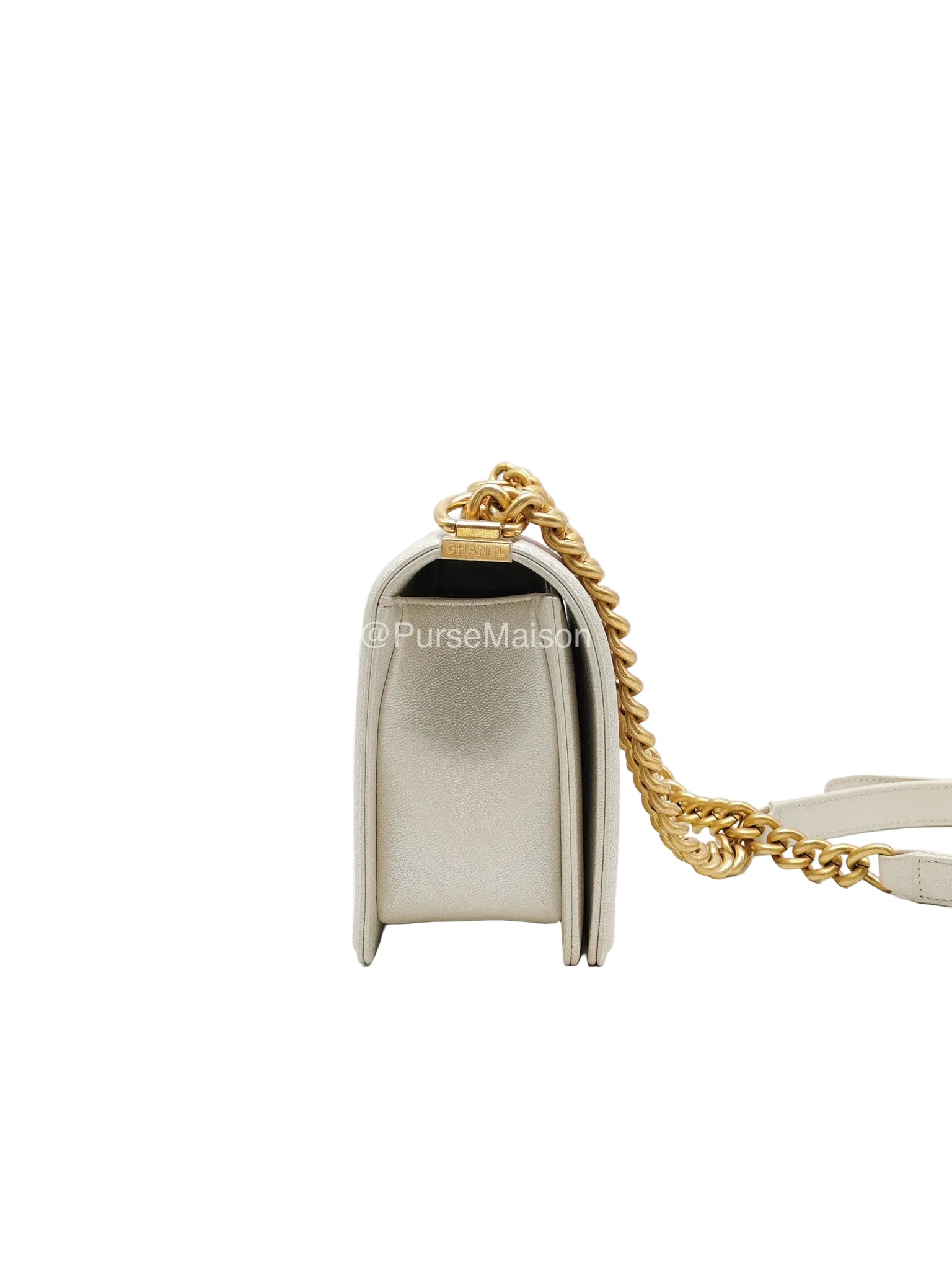 Chanel Boy Old Medium in Off-White Iridescent Quilted Caviar Leather and Aged Gold Hardware (Microchip)