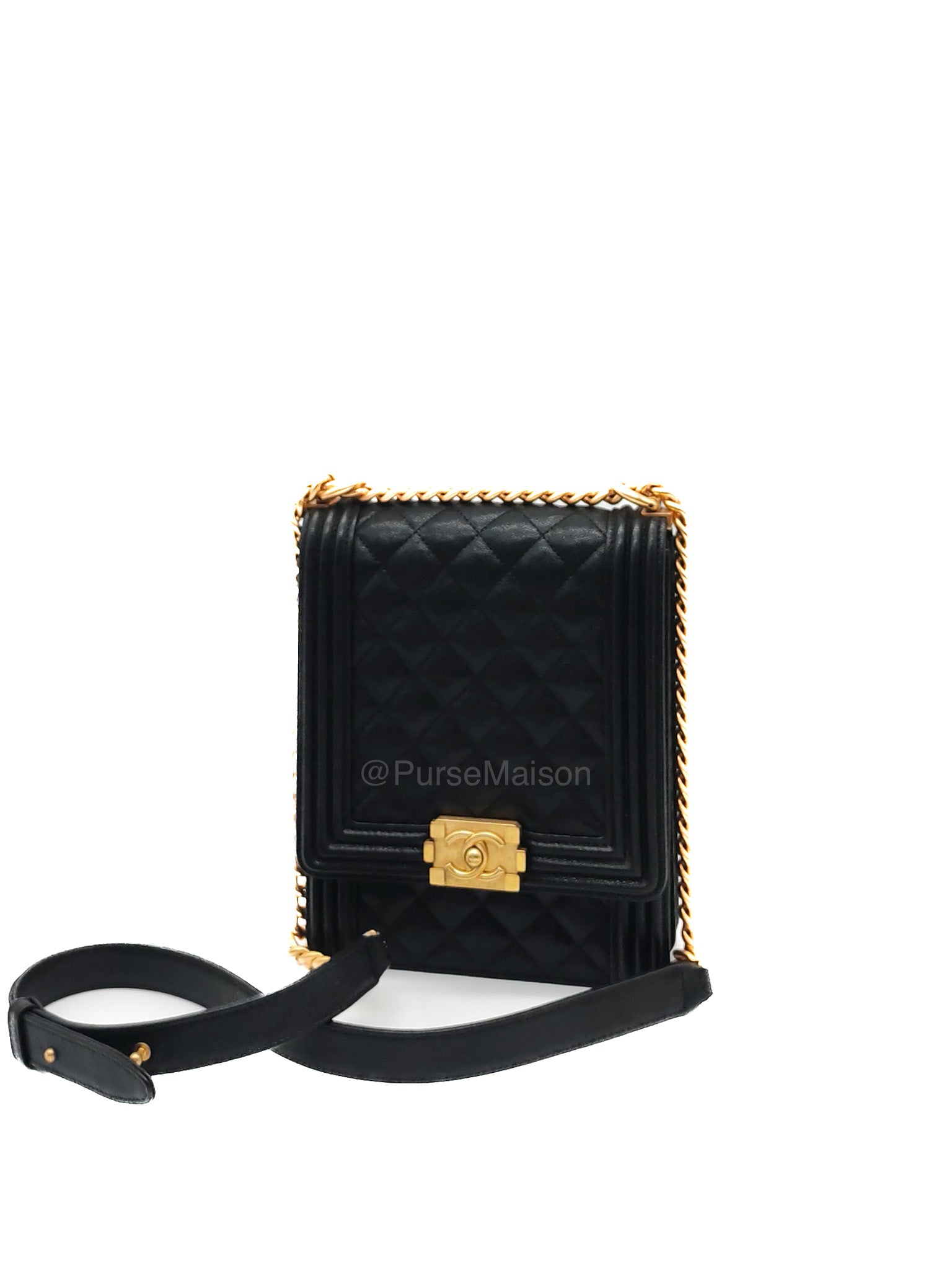 Chanel Boy North South Flap Bag in Black Quilted Caviar Leather and Aged Gold Hardware Series 28