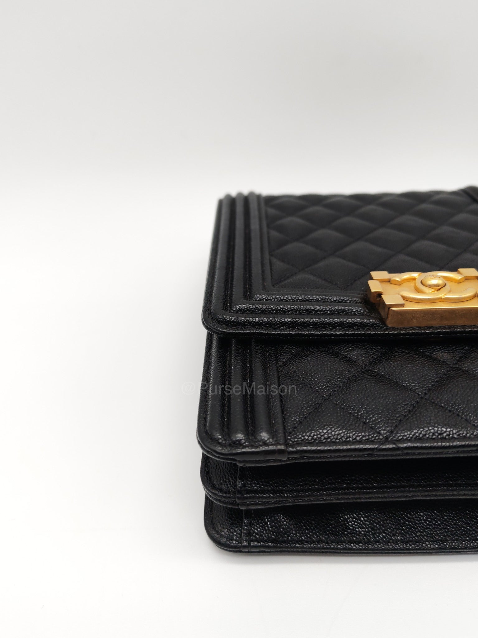 Chanel Boy North South Flap Bag in Black Quilted Caviar Leather and Aged Gold Hardware Series 28