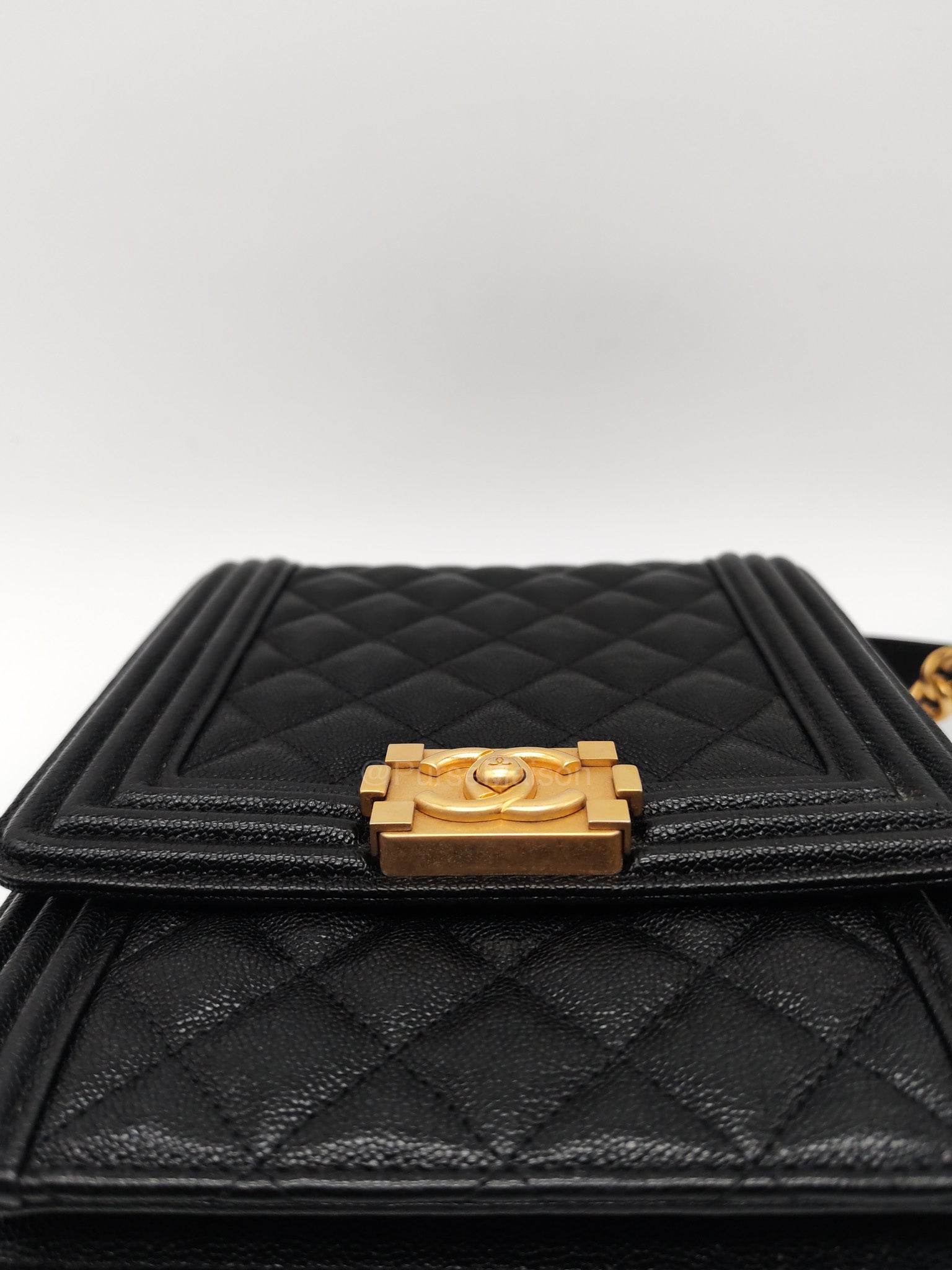Chanel Boy North South Flap Bag in Black Quilted Caviar Leather and Aged Gold Hardware Series 28