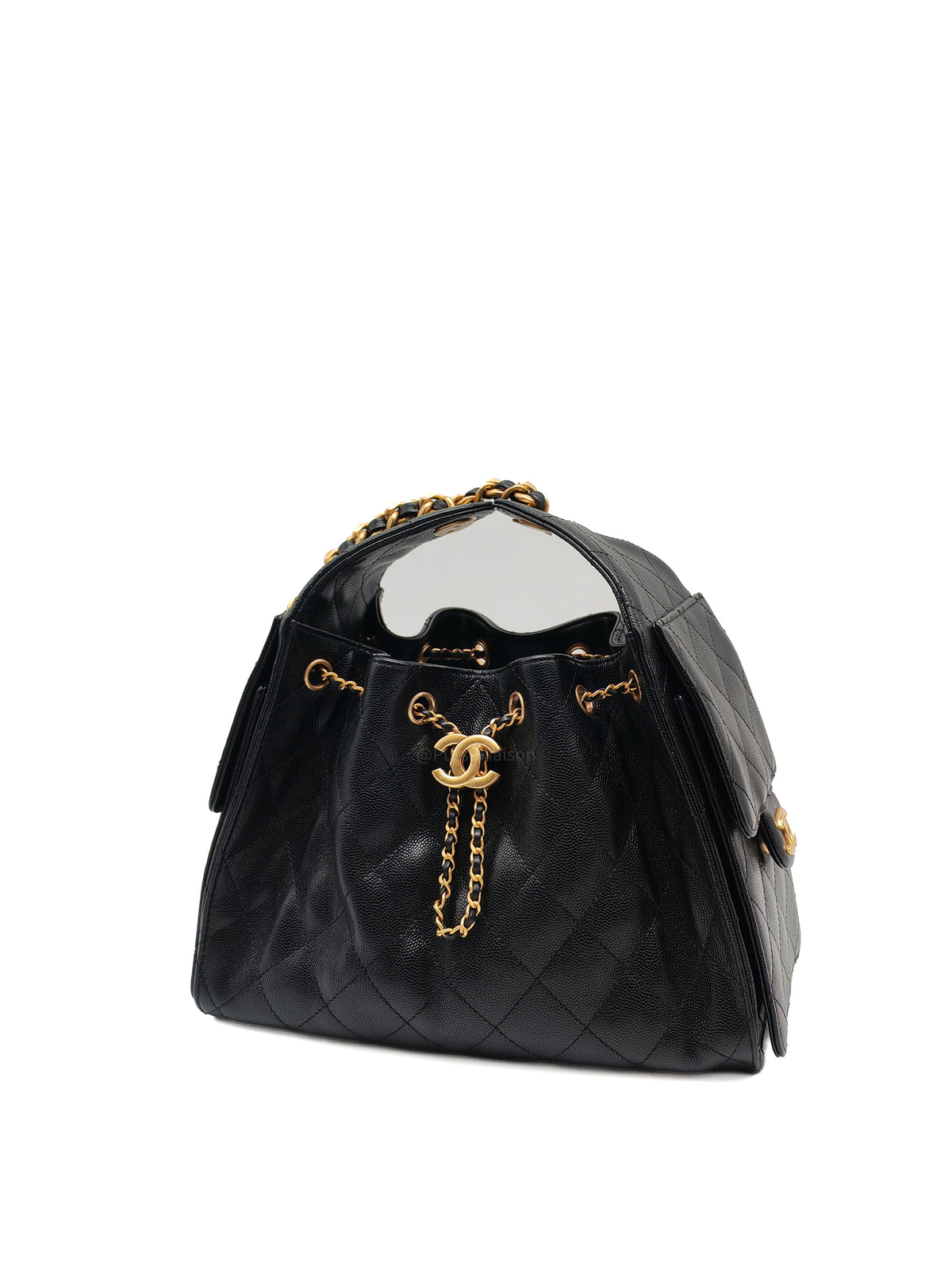 Chanel 25 Hobo Bag Small in Black Caviar Leather Aged Gold Hardware Microchip (A5****40)