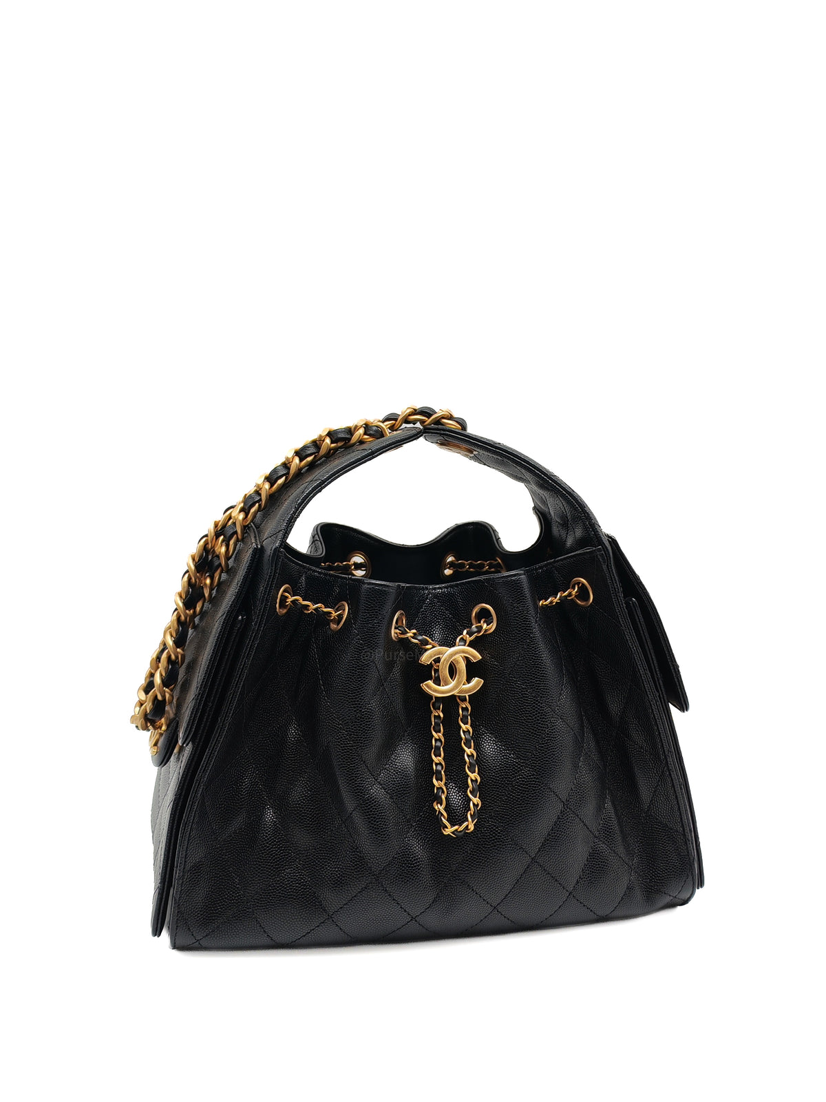 Chanel 25 Hobo Bag Small in Black Caviar Leather Aged Gold Hardware Microchip (A5****40)