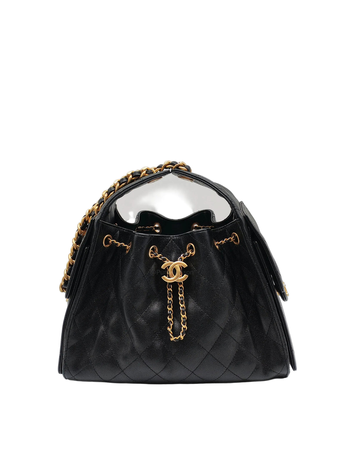 Chanel 25 Hobo Bag Small in Black Caviar Leather Aged Gold Hardware Microchip (A5****40)