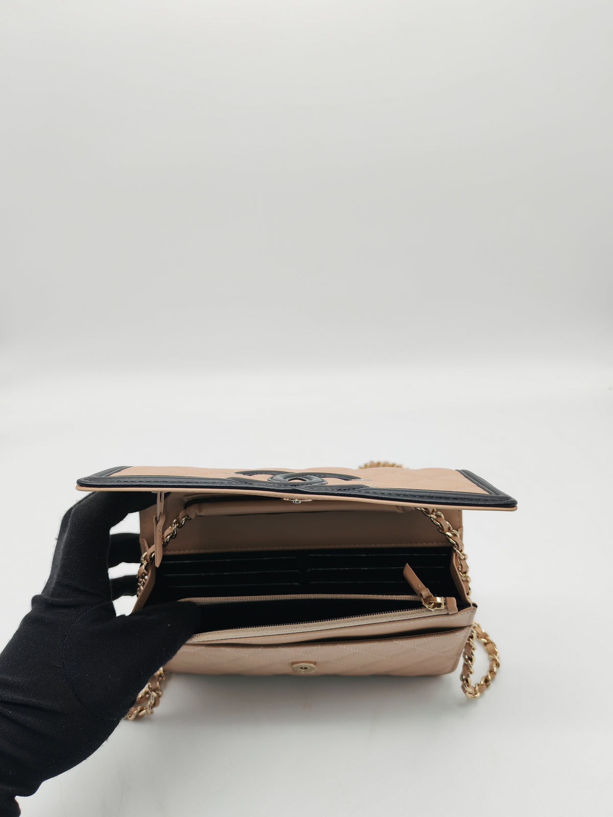 Chanel CC Filigree Wallet on Chain in Beige and Black Caviar Leather and Gold Hardware Series 30