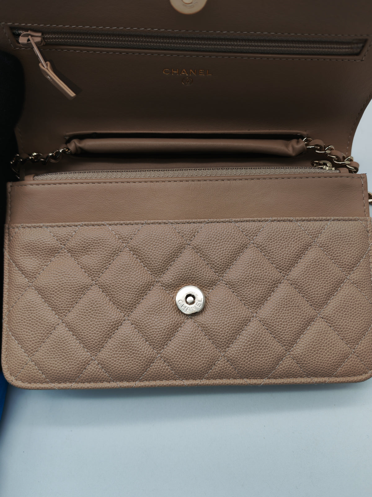 Chanel CC Filigree Wallet on Chain in Beige and Black Caviar Leather and Gold Hardware Series 30