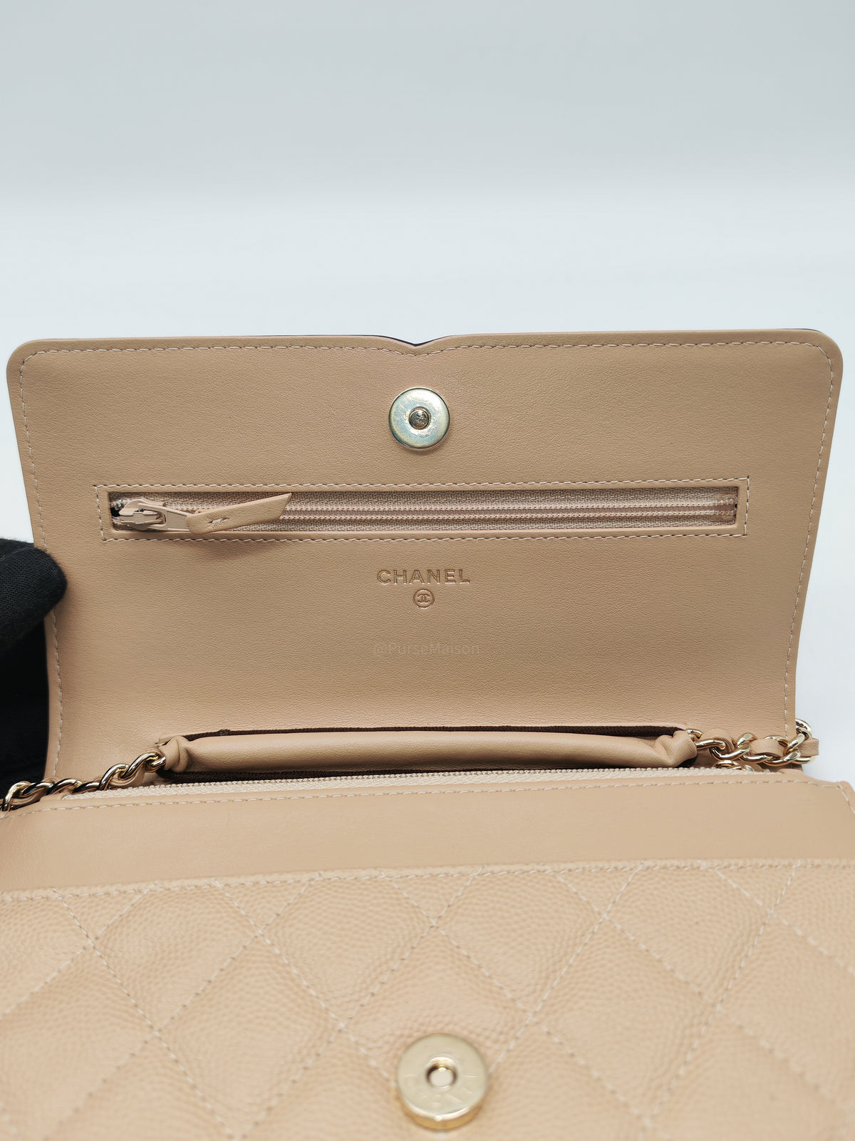 Chanel CC Filigree Wallet on Chain in Beige and Black Caviar Leather and Gold Hardware Series 30