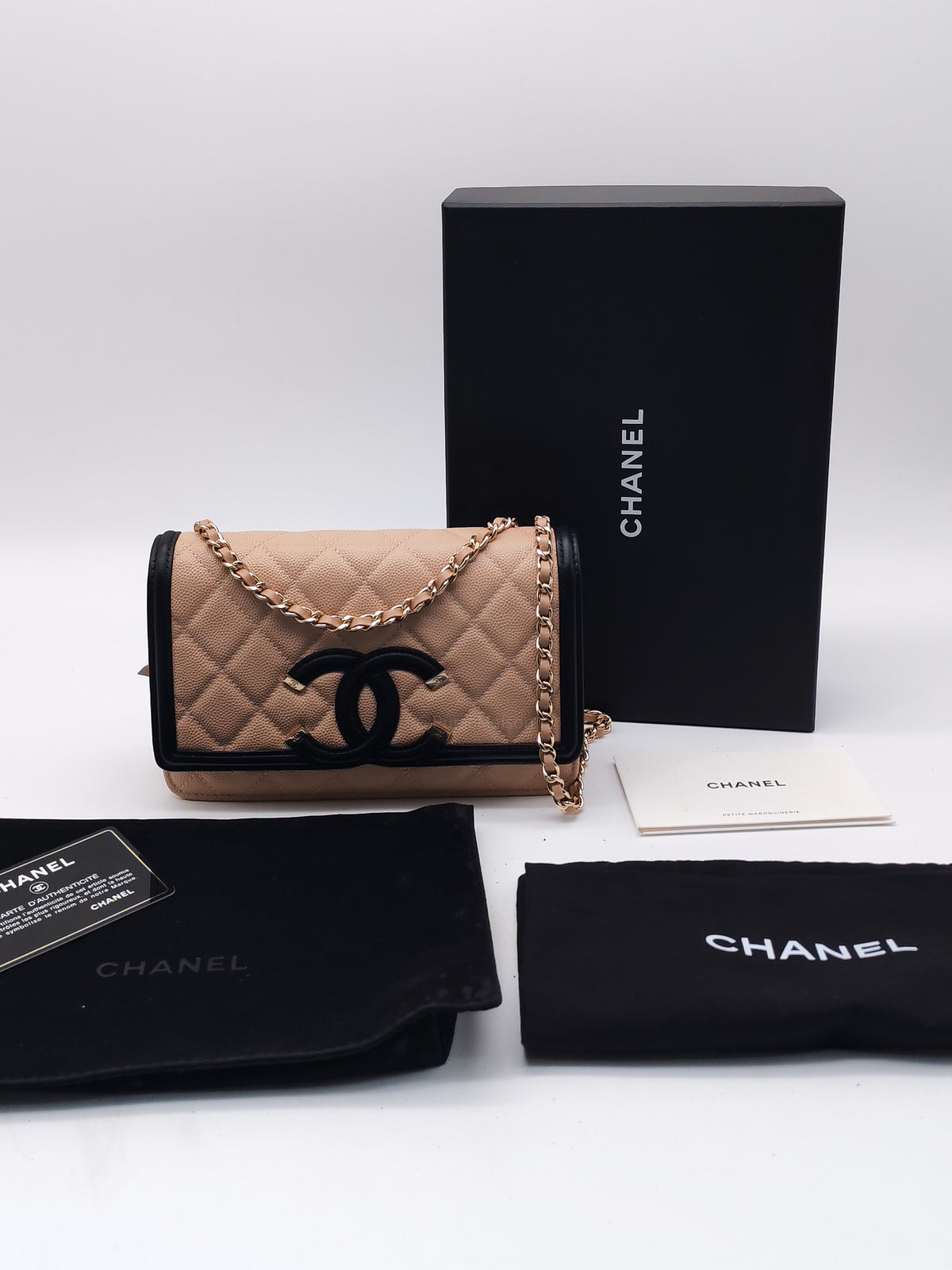 Chanel CC Filigree Wallet on Chain in Beige and Black Caviar Leather and Gold Hardware Series 30