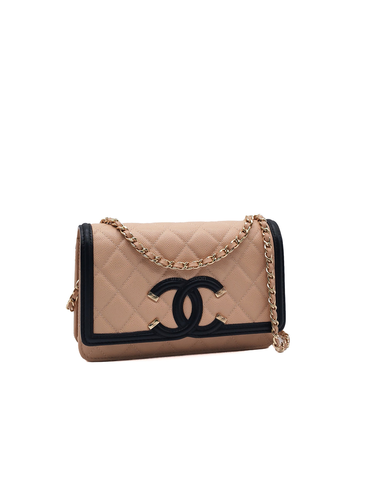 Chanel CC Filigree Wallet on Chain in Beige and Black Caviar Leather and Gold Hardware Series 30