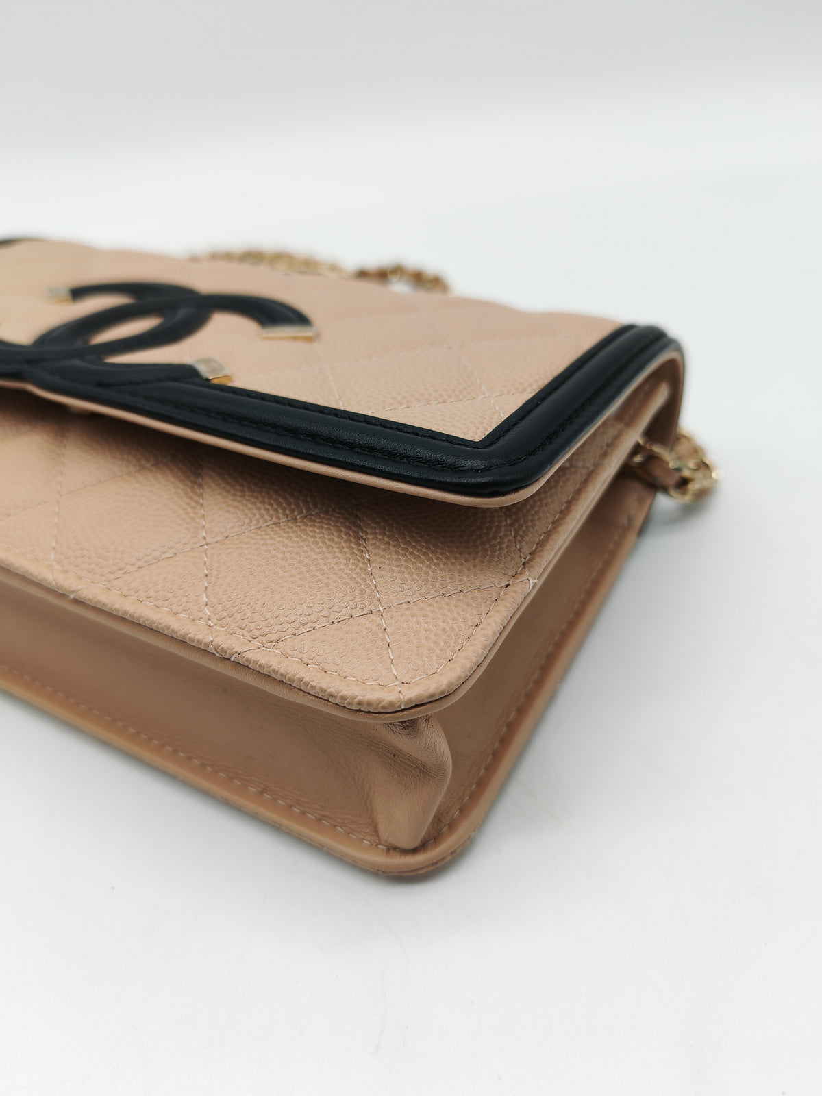 Chanel CC Filigree Wallet on Chain in Beige and Black Caviar Leather and Gold Hardware Series 30