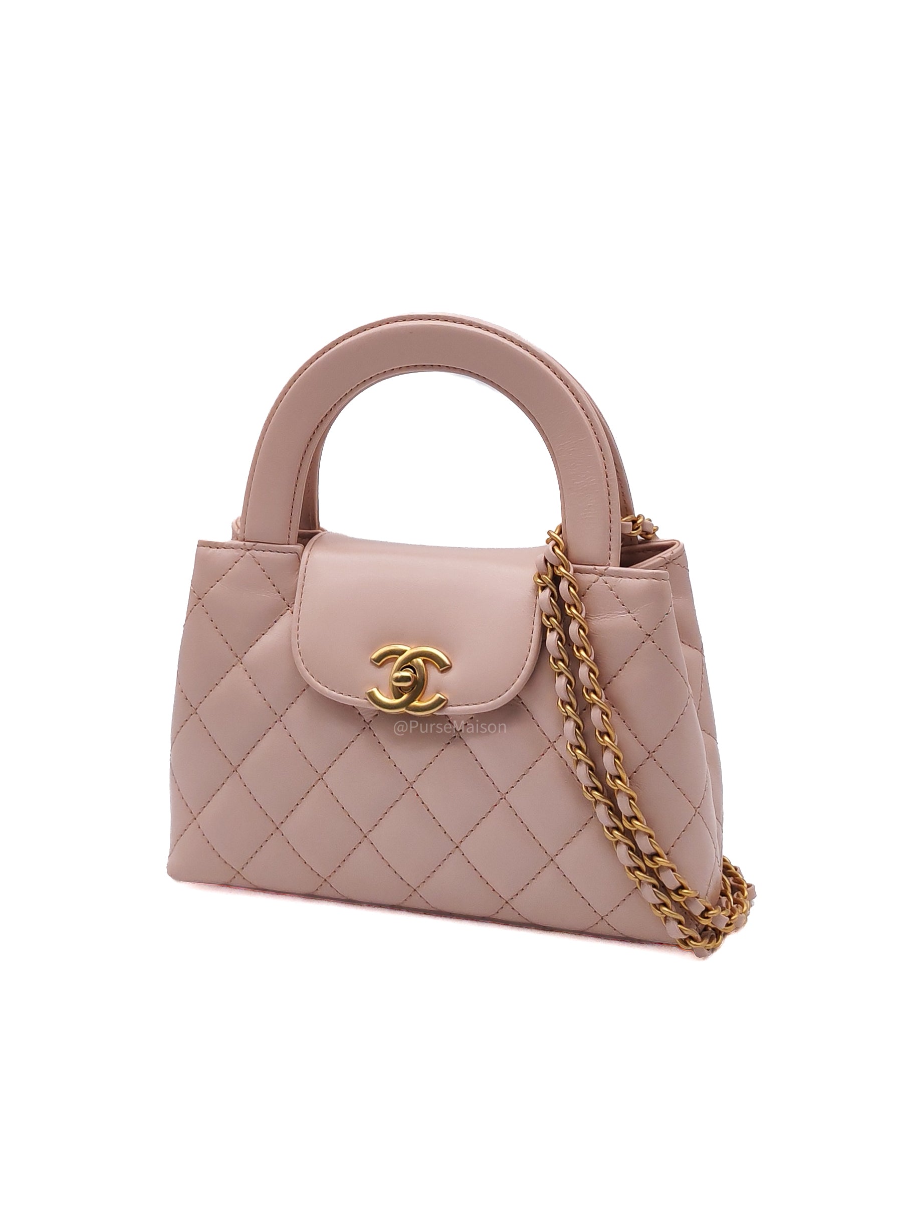 Chanel CC Kelly Small in Baby Pink Shinny Calfskin Leather Aged Gold Hardware Microchip(E8****T5)