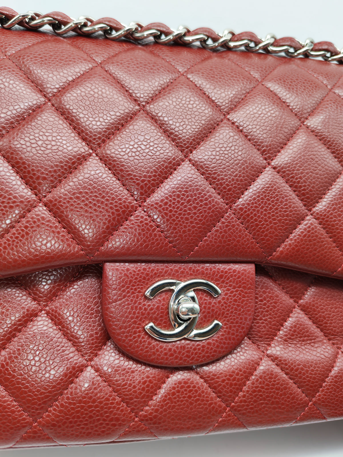 Chanel Classic Double Flap Jumbo in Burgundy Quilted Caviar Leather and Silver Hardware Series 18