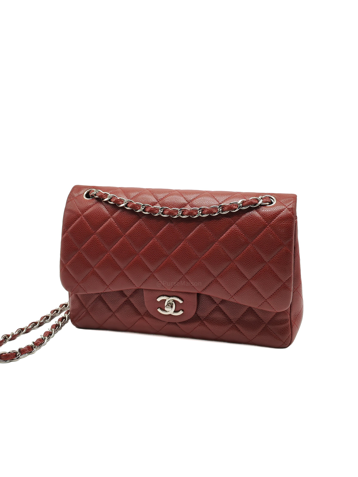 Chanel Classic Double Flap Jumbo in Burgundy Quilted Caviar Leather and Silver Hardware Series 18