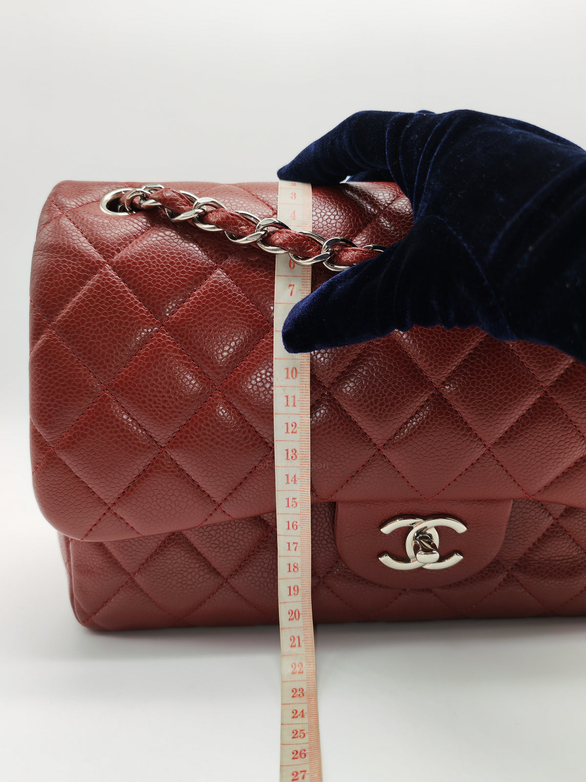 Chanel Classic Double Flap Jumbo in Burgundy Quilted Caviar Leather and Silver Hardware Series 18