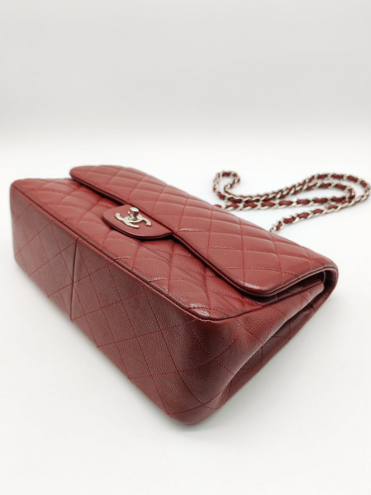 Chanel Classic Double Flap Jumbo in Burgundy Quilted Caviar Leather and Silver Hardware Series 18