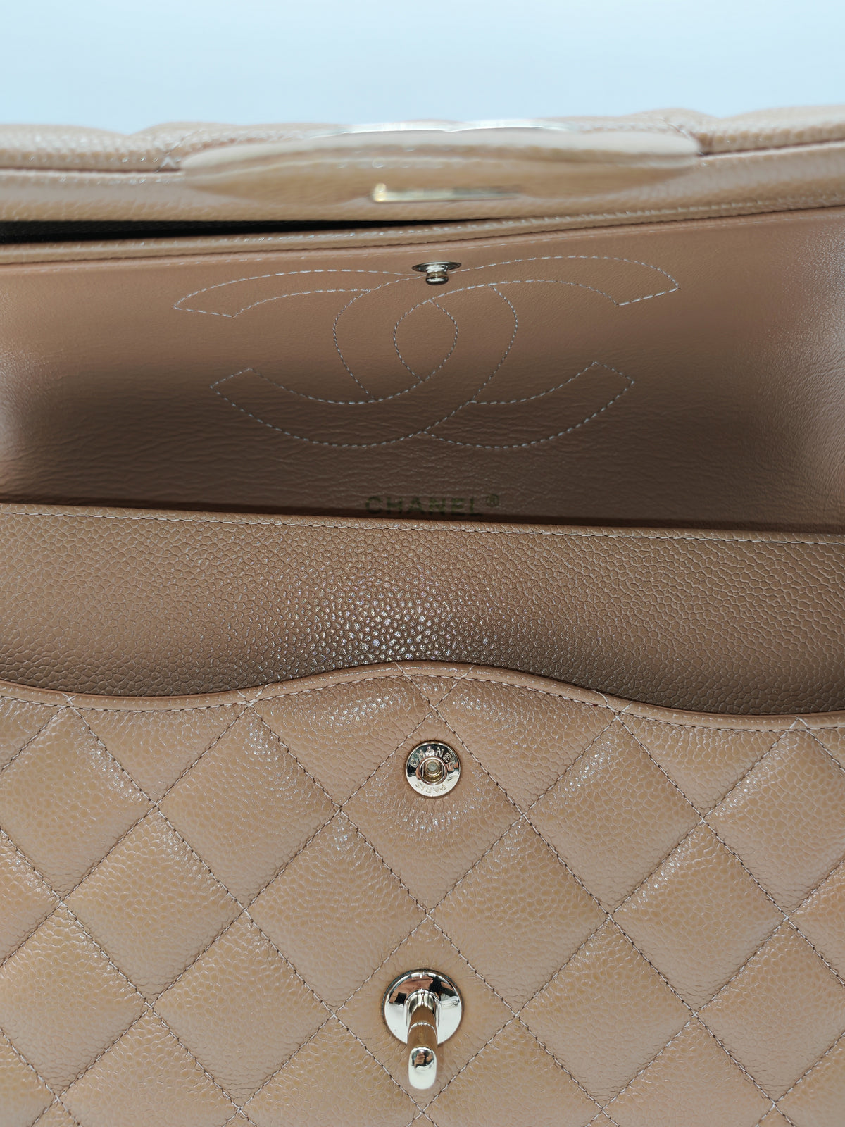 Chanel Classic Double Flap Jumbo in Dark Beige Caviar Leather and Light Gold Hardware (Series 25)