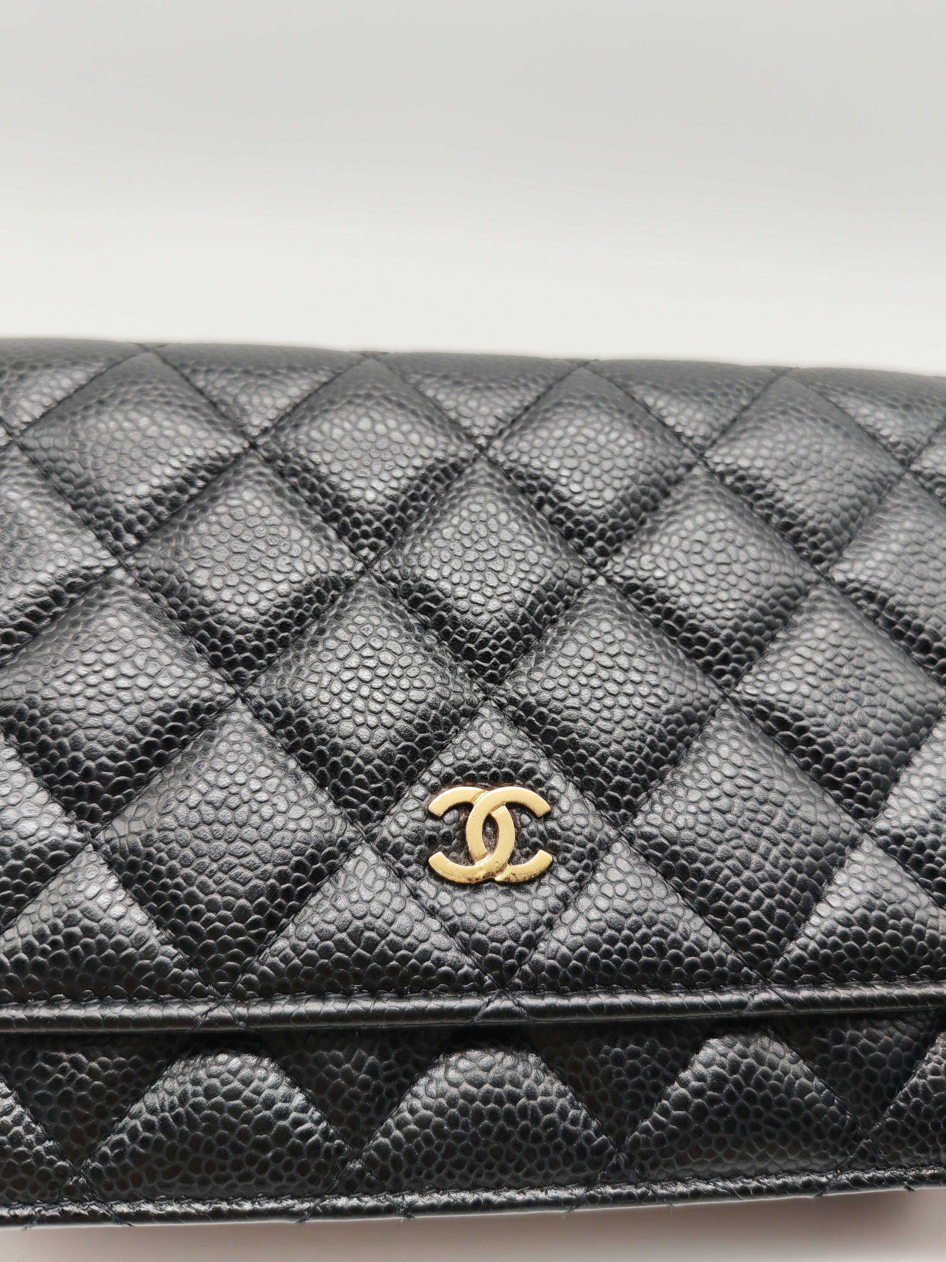 Chanel Wallet on Chain (WOC) in Black Quilted Caviar Leather and Gold Hardware Series 29