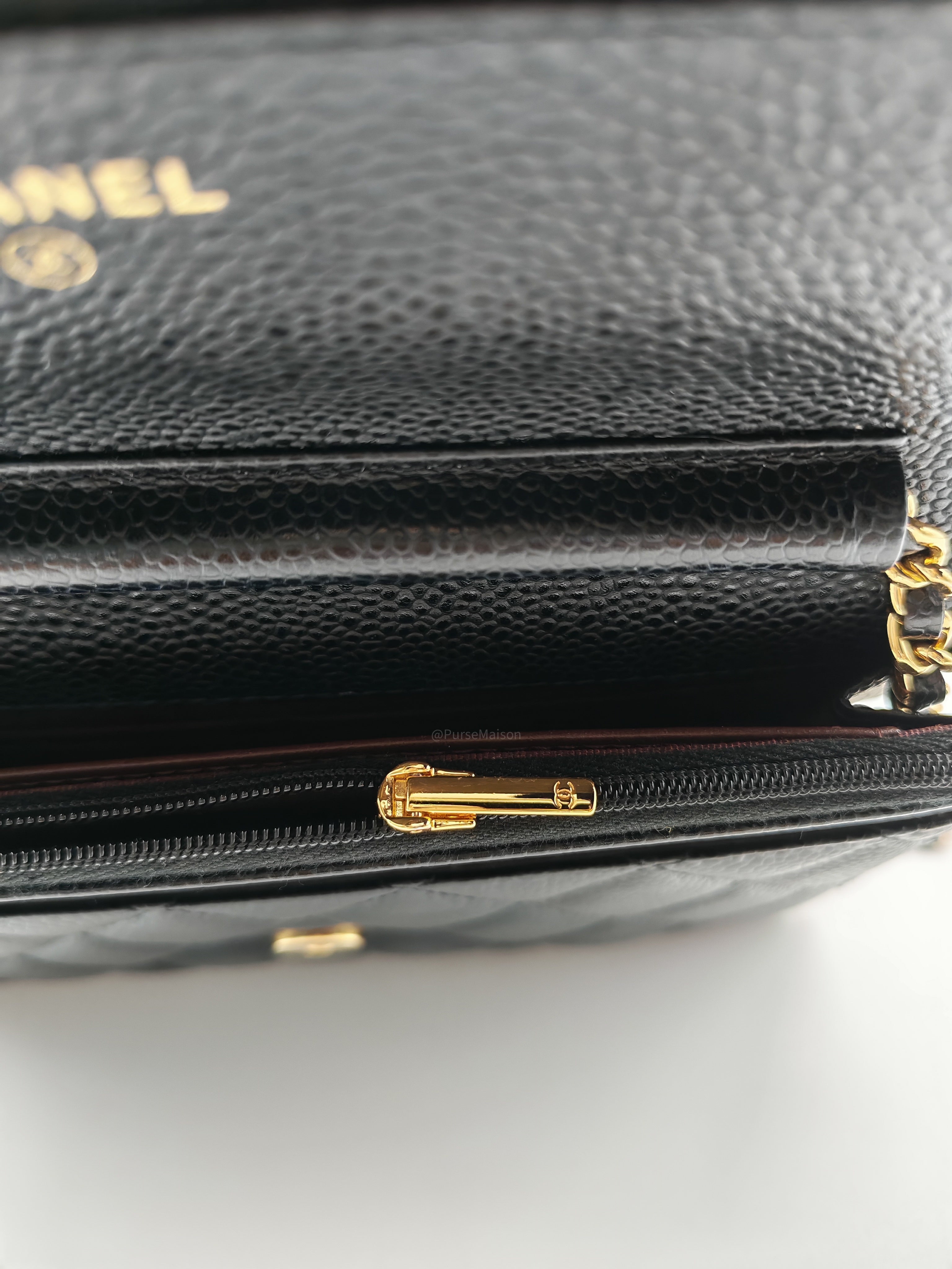 Chanel Wallet on Chain (WOC) in Black Quilted Caviar Leather and Gold Hardware Series 29