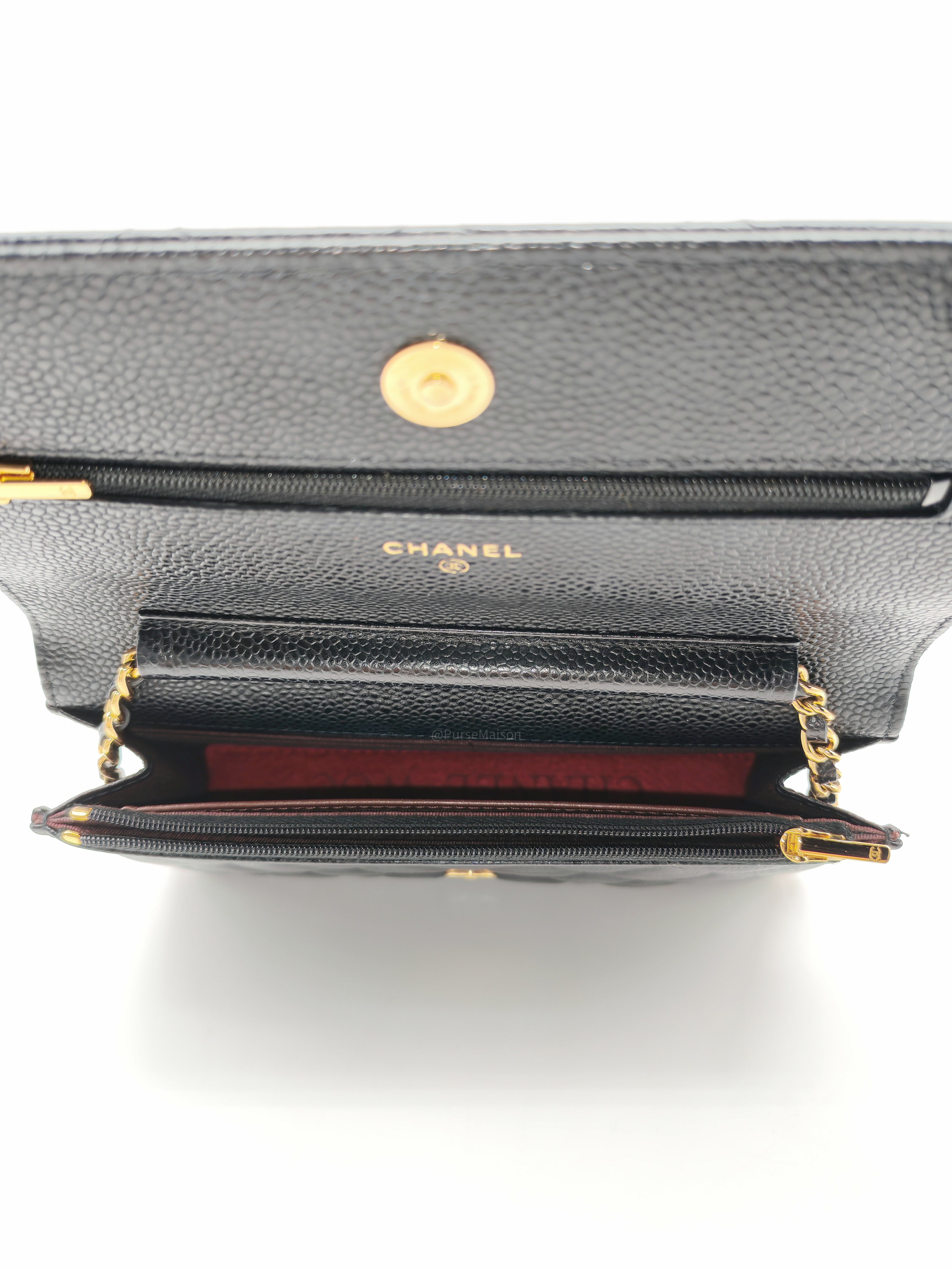 Chanel Wallet on Chain (WOC) in Black Quilted Caviar Leather and Gold Hardware Series 29
