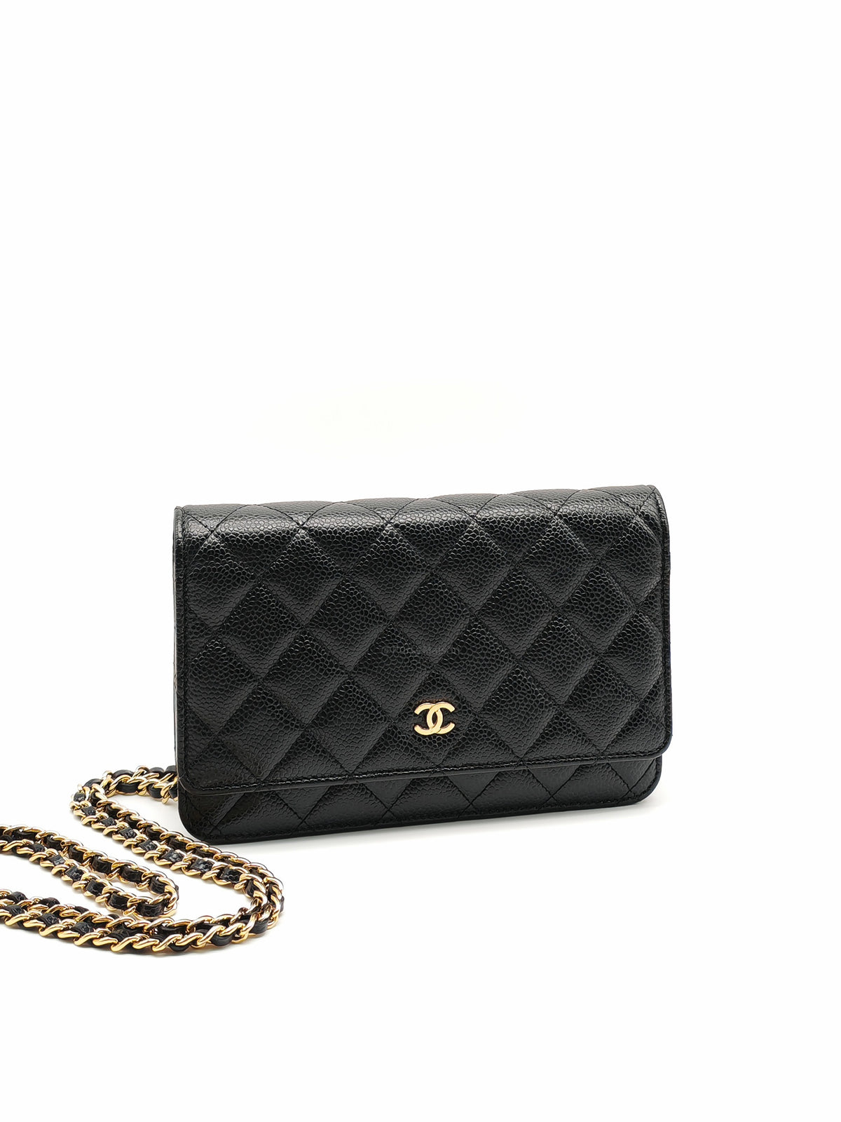 Chanel Wallet on Chain (WOC) in Black Quilted Caviar Leather and Gold Hardware Series 29