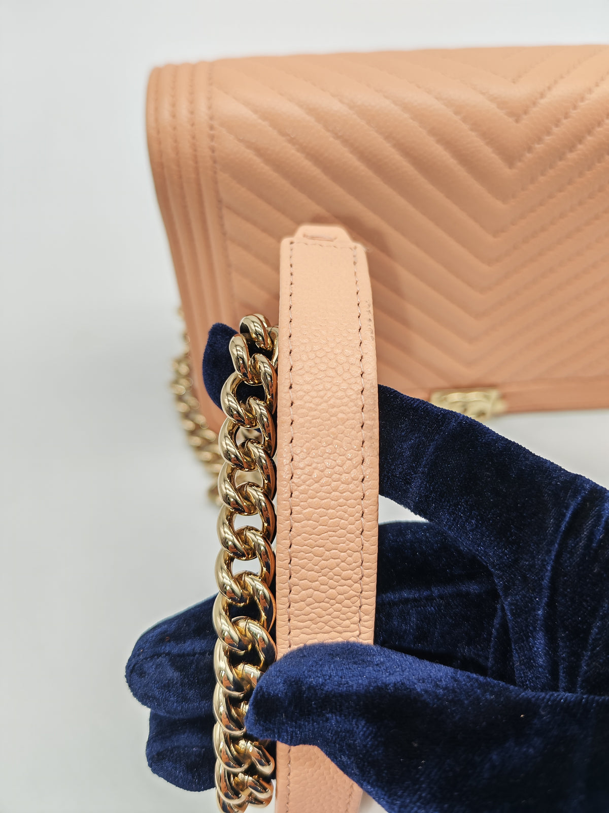 Chanel Boy Chevron Wallet on Chain in Peach Caviar Leather and Light Gold Hardware Microchip
