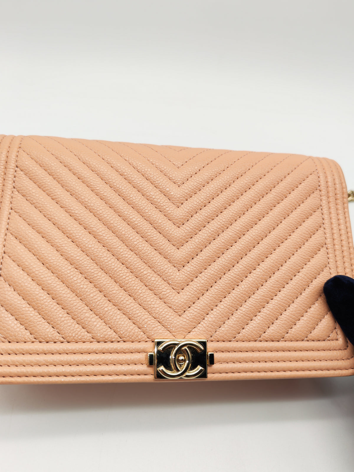 Chanel Boy Chevron Wallet on Chain in Peach Caviar Leather and Light Gold Hardware Microchip