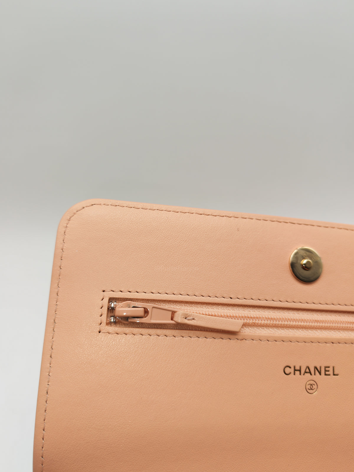 Chanel Boy Chevron Wallet on Chain in Peach Caviar Leather and Light Gold Hardware Microchip