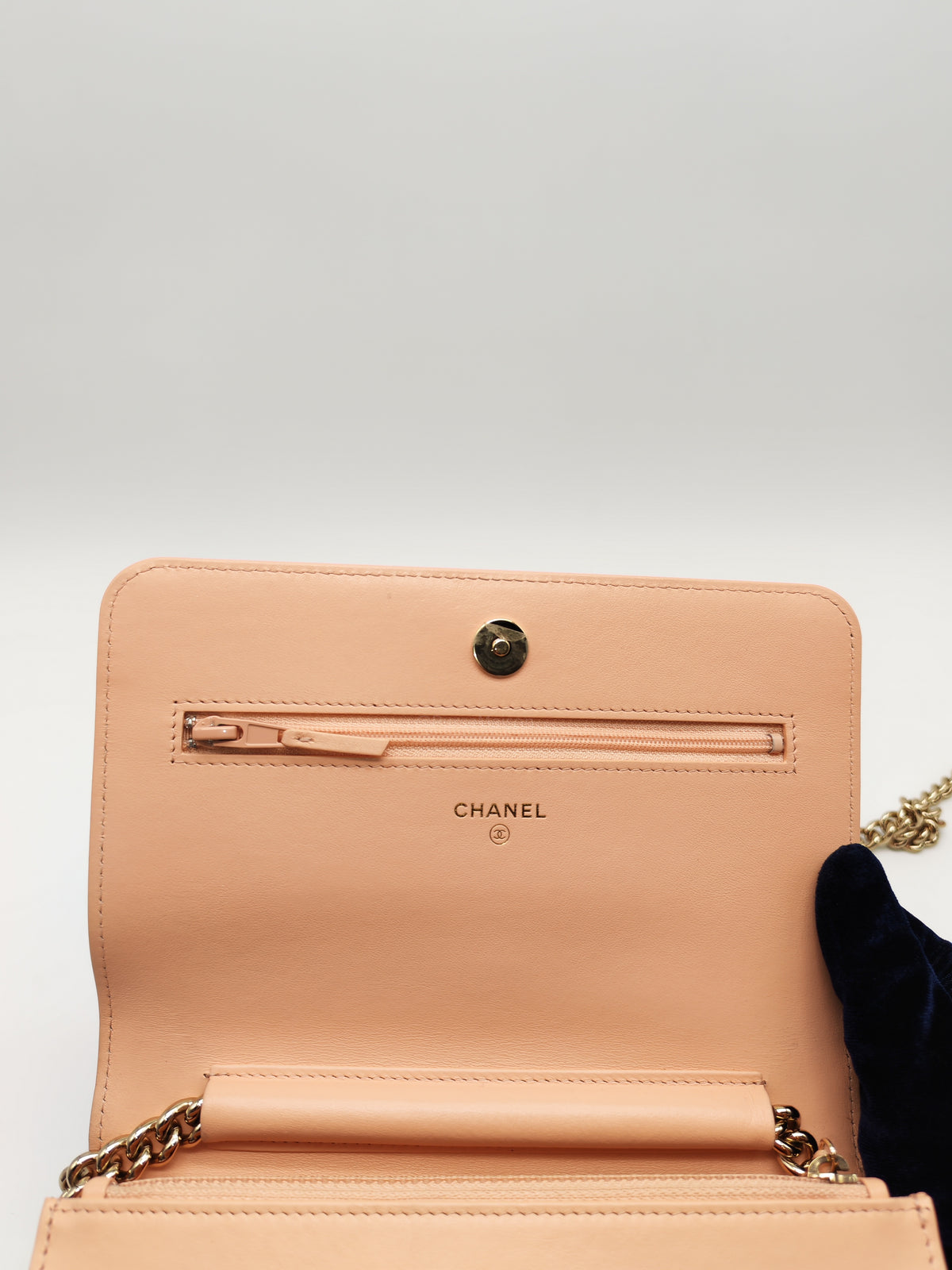 Chanel Boy Chevron Wallet on Chain in Peach Caviar Leather and Light Gold Hardware Microchip
